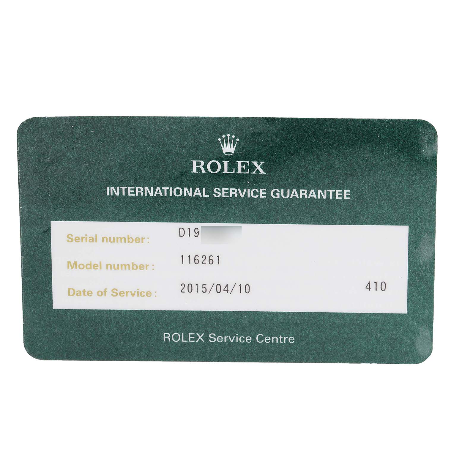 The image shows a Rolex International Service Guarantee card for the Turn-o-Graph model, displaying the serial number, model number, and service date.