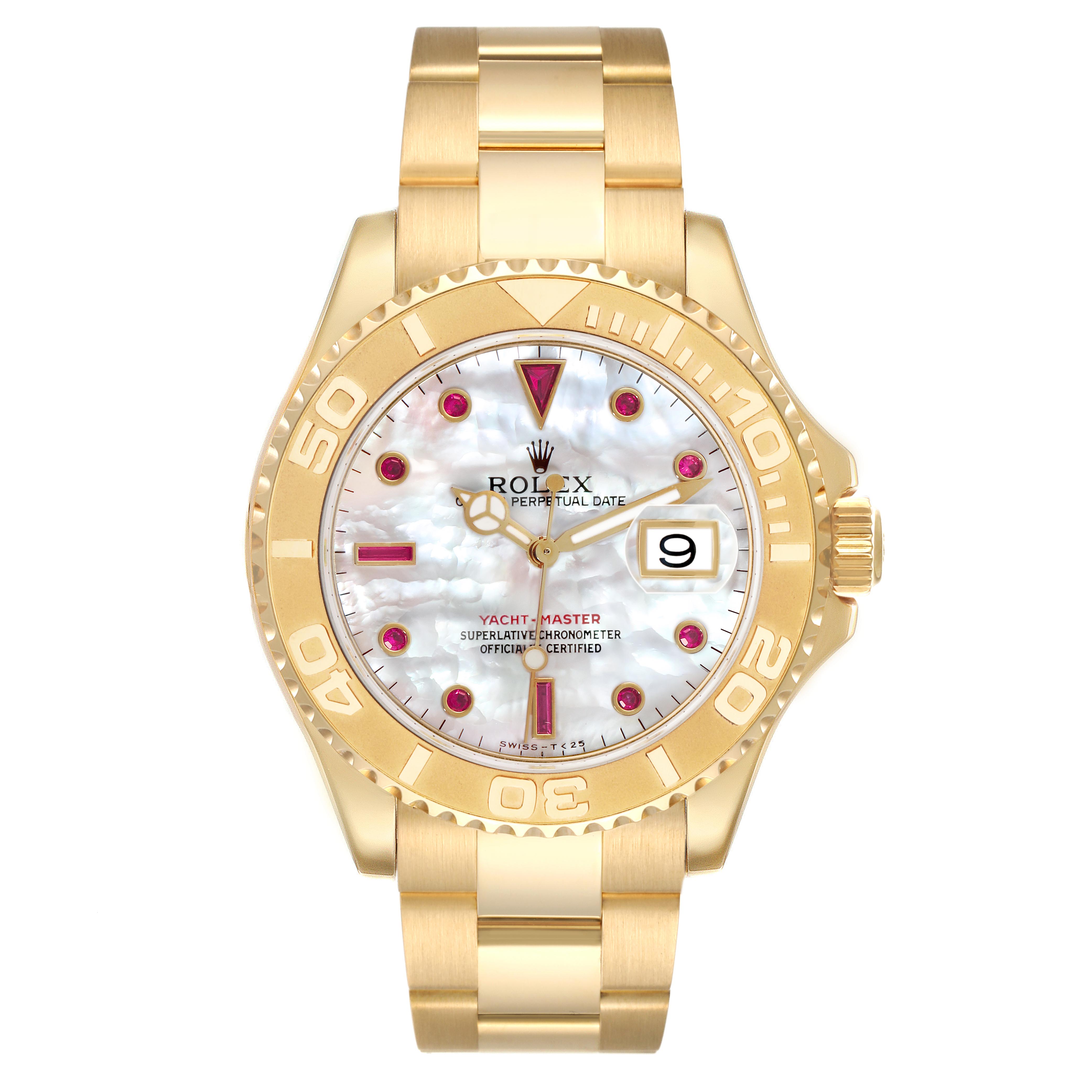 The Rolex Yacht-Master 16628 Men's Yellow Gold Mother of Pearl Dial 16628 Men's Yellow Gold Mother of Pearl Dial watch is shown from a front angle, displaying the face, bezel, and part of the bracelet.