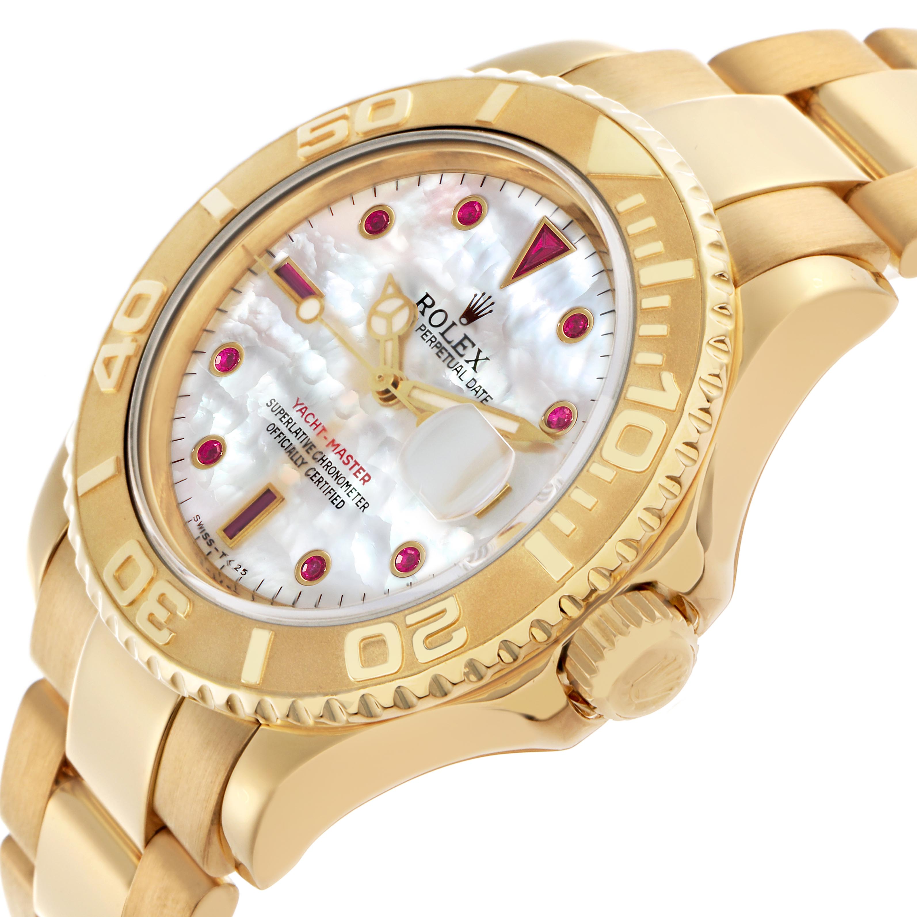 The Rolex Yacht-Master 16628 Men's Yellow Gold Mother of Pearl Dial 16628 Men's Yellow Gold Mother of Pearl Dial watch is shown at an oblique angle, highlighting the bezel, face, bracelet, and crown.