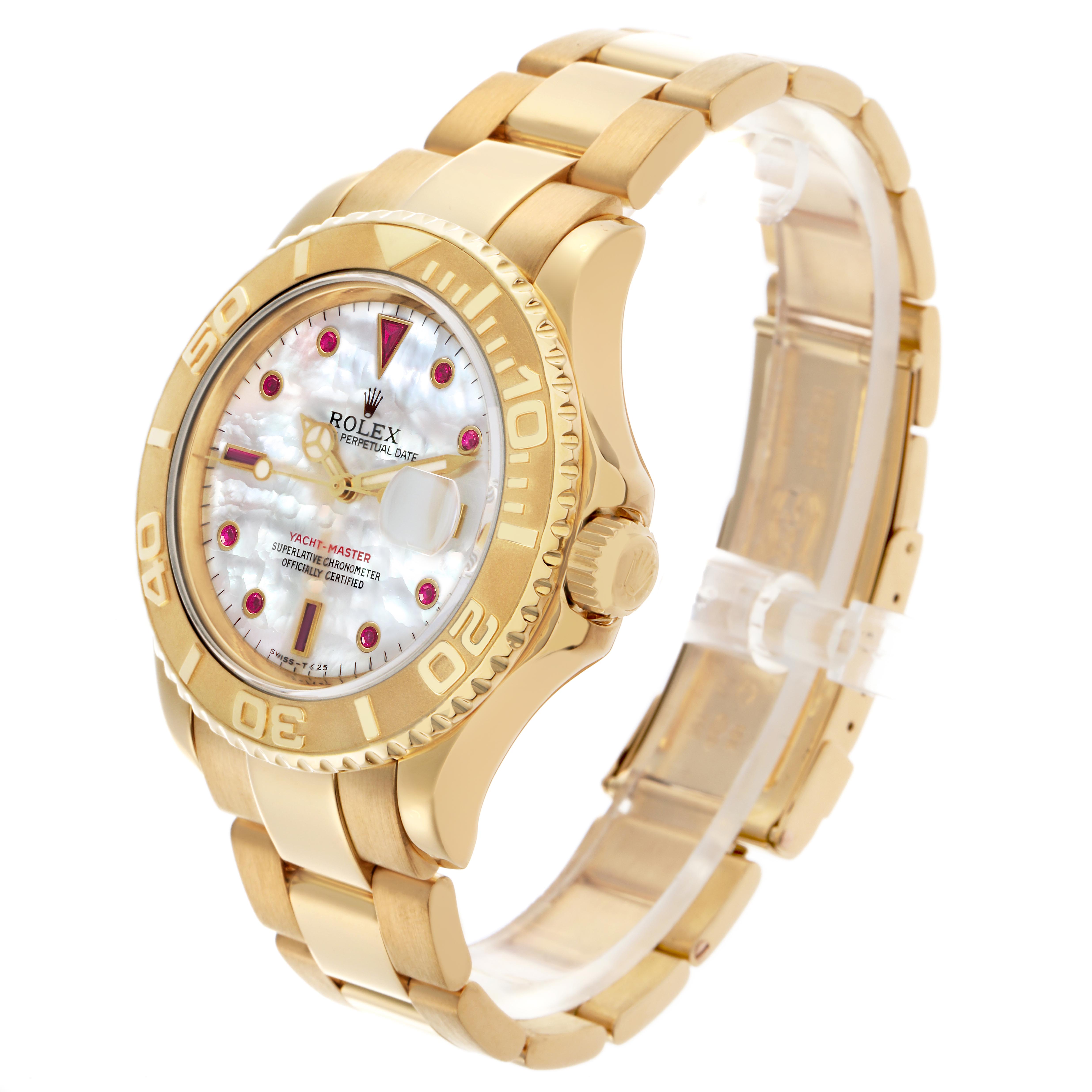 The Rolex Yacht-Master 16628 Men's Yellow Gold Mother of Pearl Dial 16628 Men's Yellow Gold Mother of Pearl Dial watch is shown at a three-quarter angle, highlighting the gold case, bezel, dial, and bracelet.
