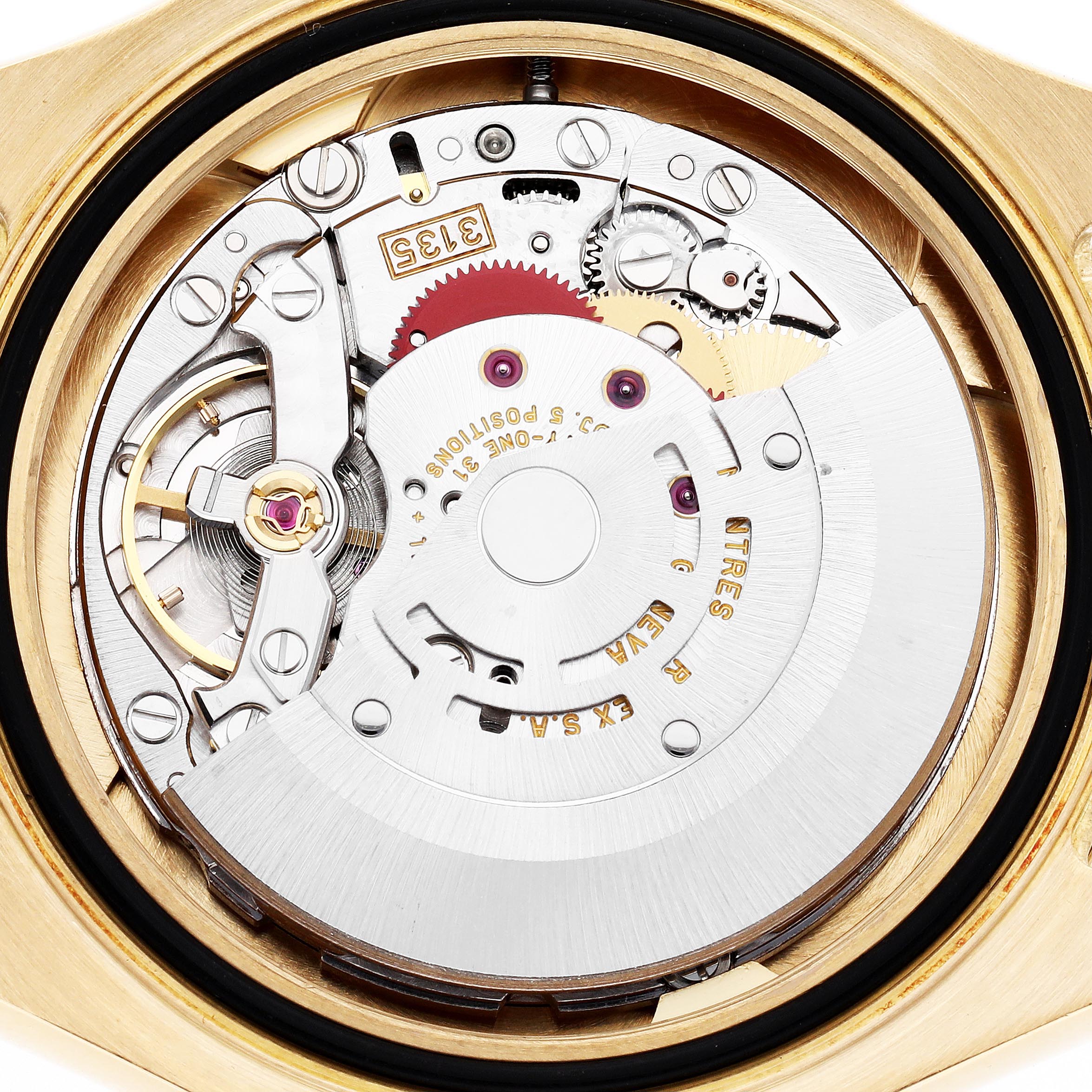 The image shows the internal mechanism of a Rolex Yacht-Master 16628 Men's Yellow Gold Mother of Pearl Dial 16628 Men's Yellow Gold Mother of Pearl Dial watch from a top-down angle, highlighting gears and components.