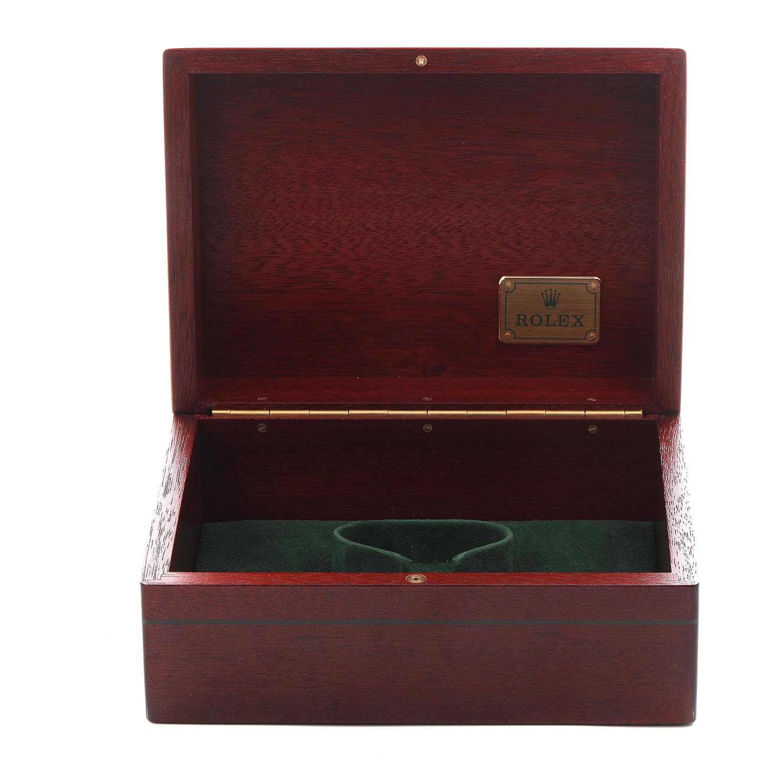The image shows an open wooden Rolex watch box for a Yacht-Master model.