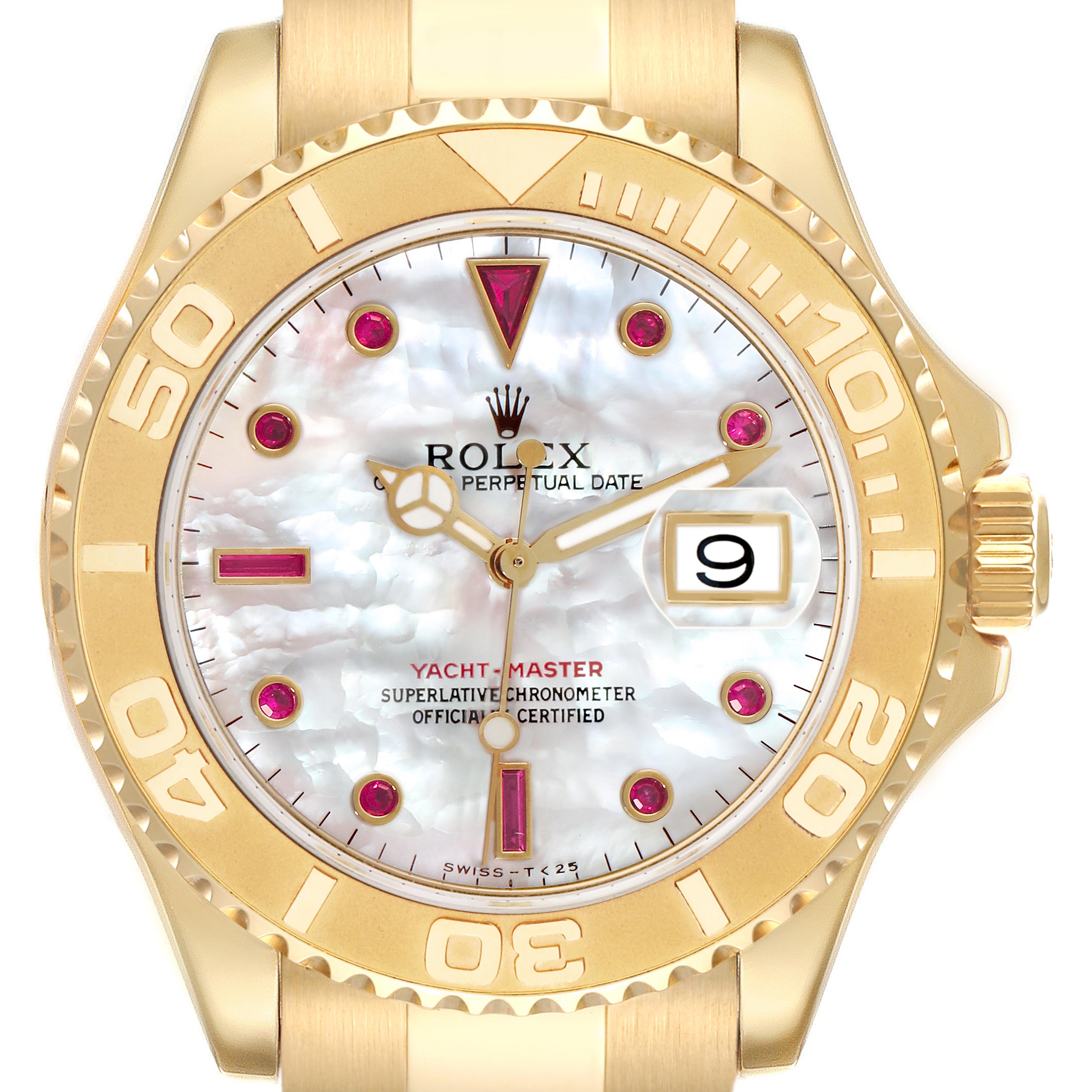 The Rolex Yacht-Master 16628 Men's Yellow Gold Mother of Pearl Dial 16628 Men's Yellow Gold Mother of Pearl Dial watch is shown from the front, displaying the dial, bezel, and crown.