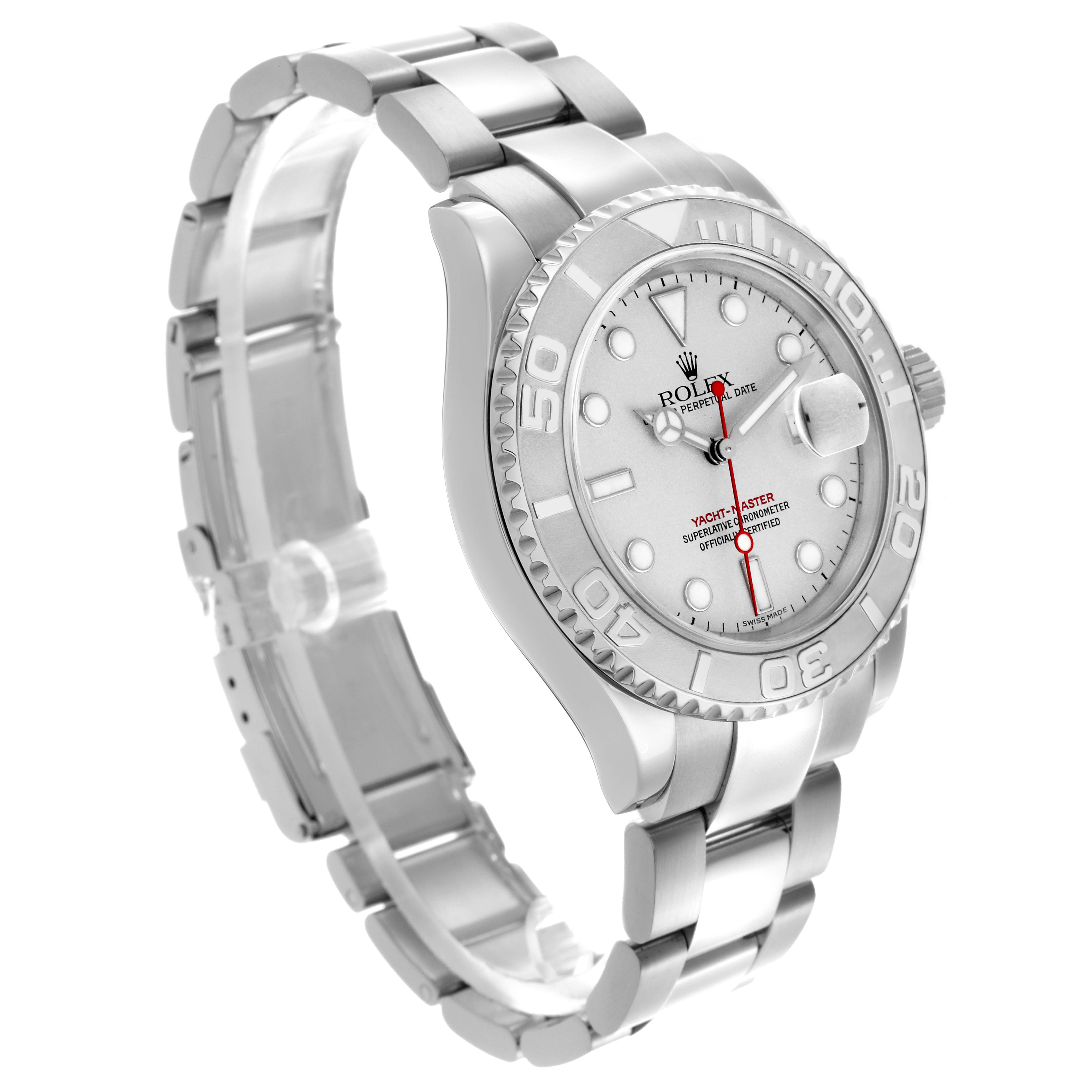 The Rolex Yacht-Master 16622 Men's Stainless Steel Silver Dial 16622 Men's Stainless Steel Silver Dial watch is shown from a 3/4 angle, highlighting the bezel, dial, case, and bracelet.