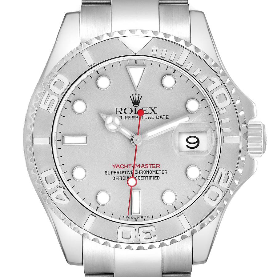 The Rolex Yacht-Master watch is shown from a front angle, displaying the bezel, dial, hands, and date window.