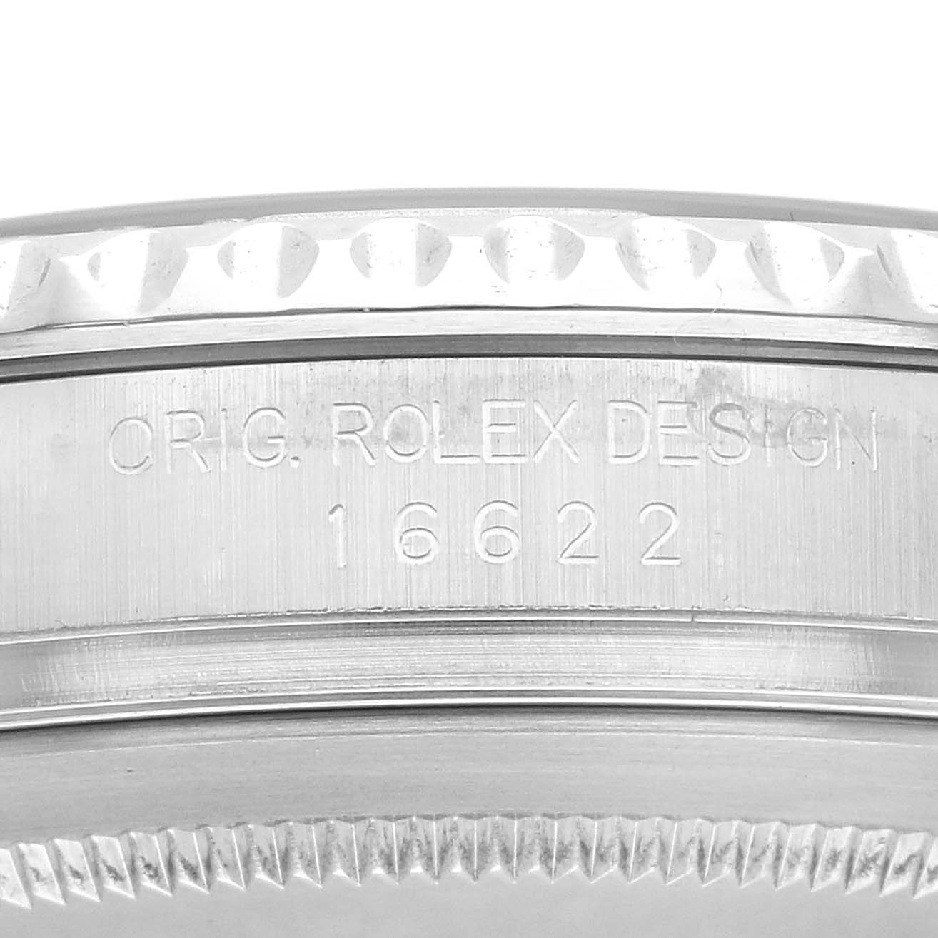 The image shows a close-up of the side of a Rolex Yacht-Master 16622 Men's Stainless Steel Silver Dial 16622 Men's Stainless Steel Silver Dial watch, highlighting the engraved model number and bezel.