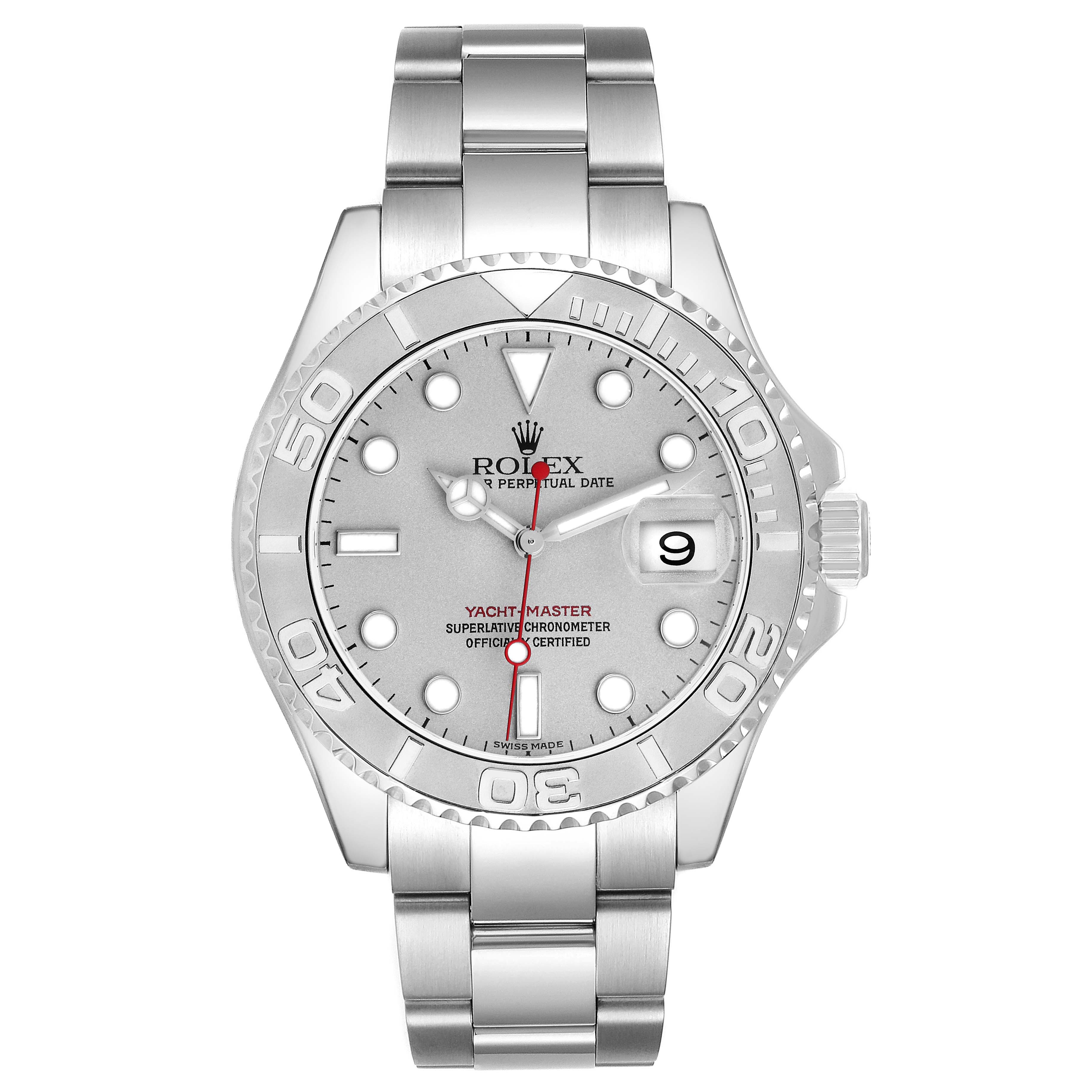 The Rolex Yacht-Master 16622 Men's Stainless Steel Silver Dial 16622 Men's Stainless Steel Silver Dial watch is shown from a front view, displaying the dial, bezel, and bracelet.