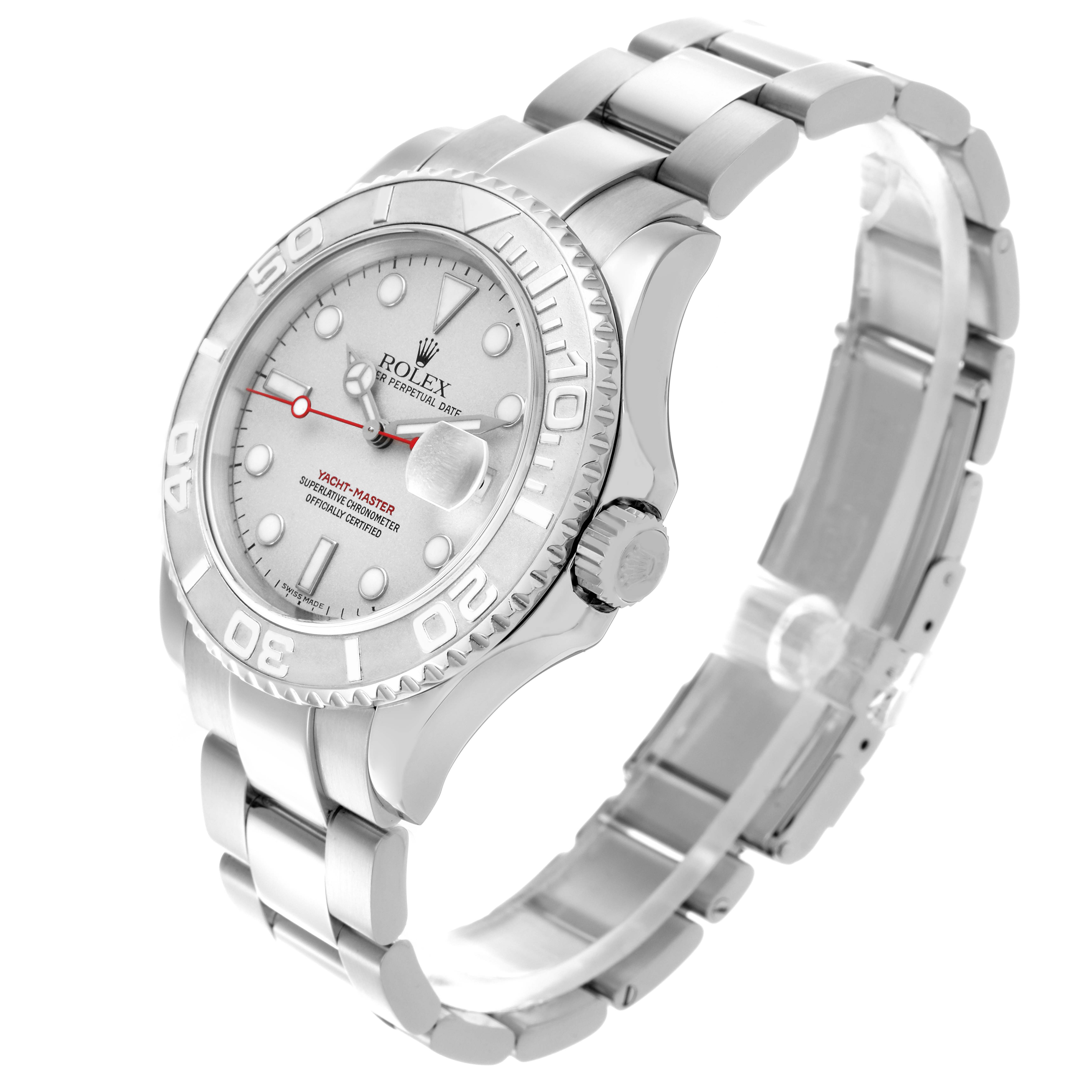 The Rolex Yacht-Master 16622 Men's Stainless Steel Silver Dial 16622 Men's Stainless Steel Silver Dial watch is shown at a three-quarter angle, displaying the dial, bezel, crown, and bracelet.