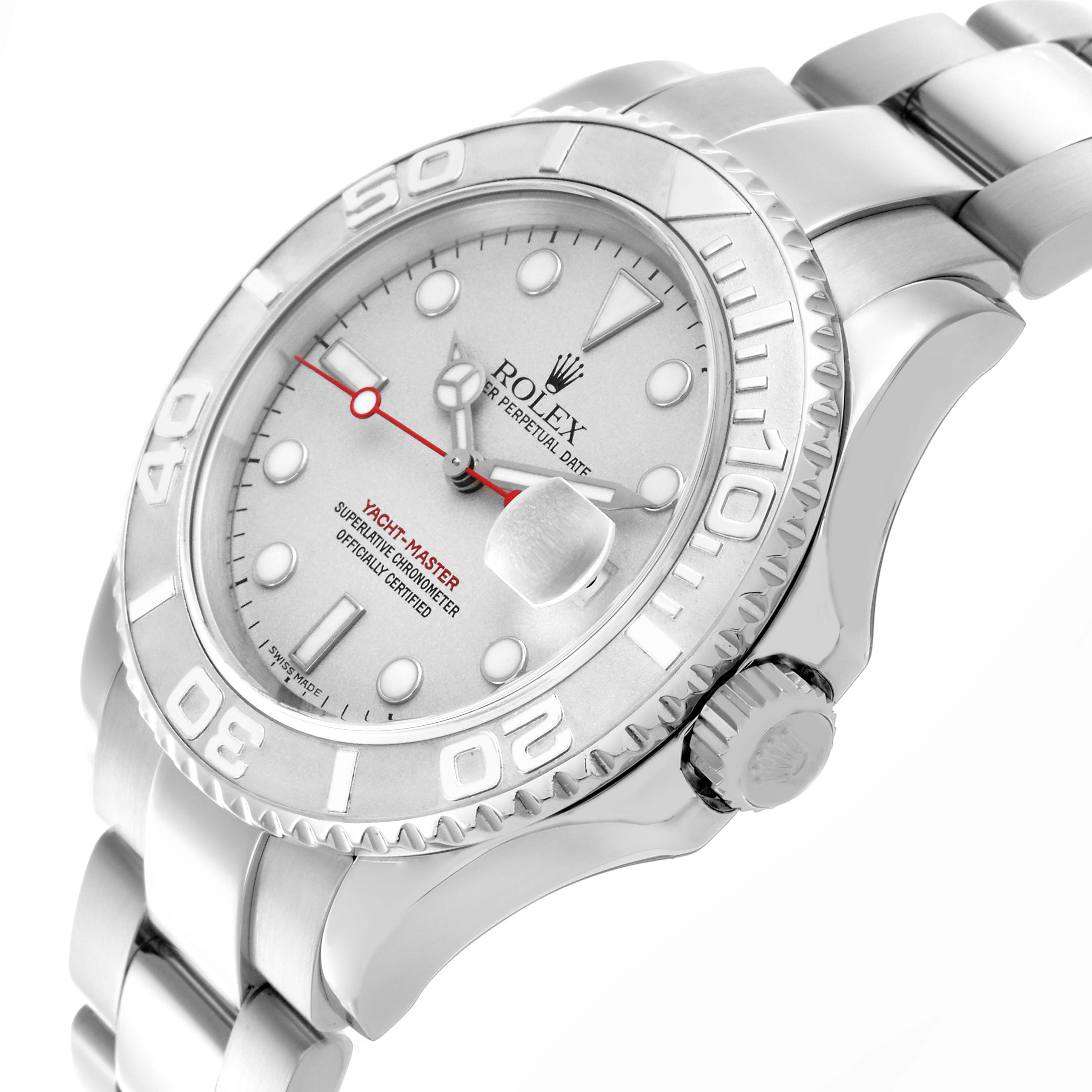 The Rolex Yacht-Master 16622 Men's Stainless Steel Silver Dial 16622 Men's Stainless Steel Silver Dial watch is shown at an angled side view, highlighting the bezel, dial, and bracelet.