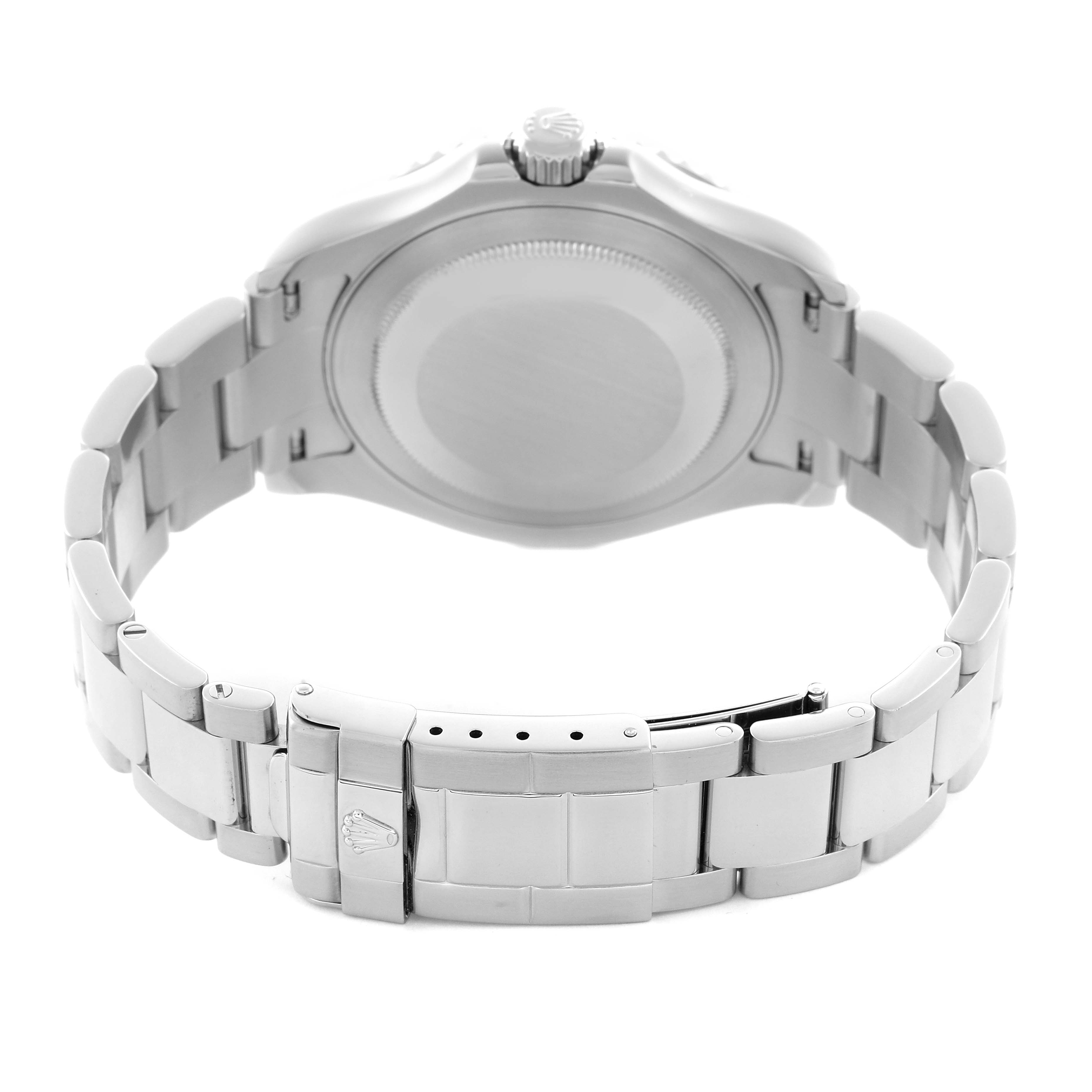 The image shows a Rolex Yacht-Master 16622 Men's Stainless Steel Silver Dial 16622 Men's Stainless Steel Silver Dial watch from the back angle, highlighting the bracelet, clasp, and case back.