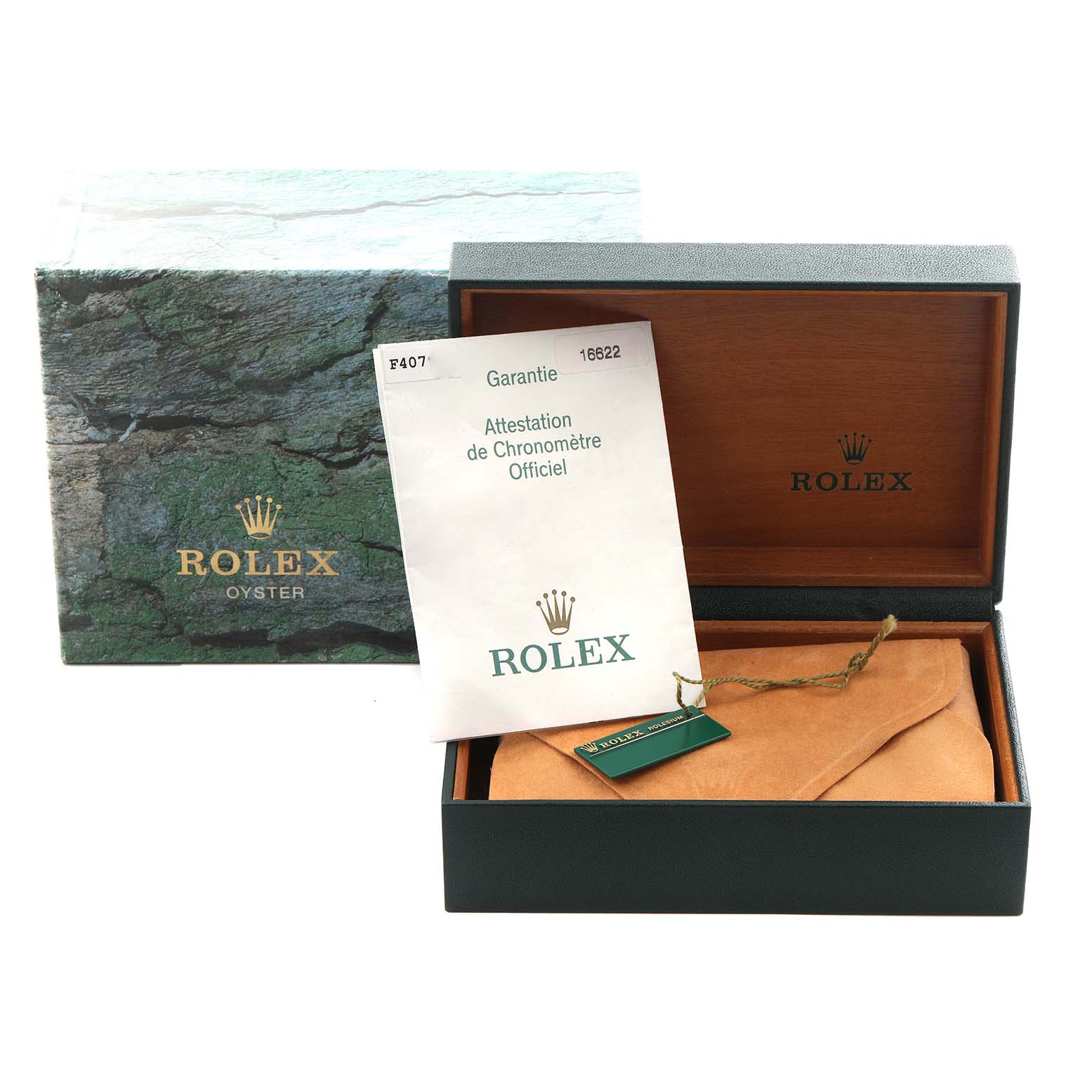 The image shows the packaging for a Rolex Yacht-Master 16622 Men's Stainless Steel Silver Dial 16622 Men's Stainless Steel Silver Dial watch, including the box, papers, and pouch from an overhead angle.