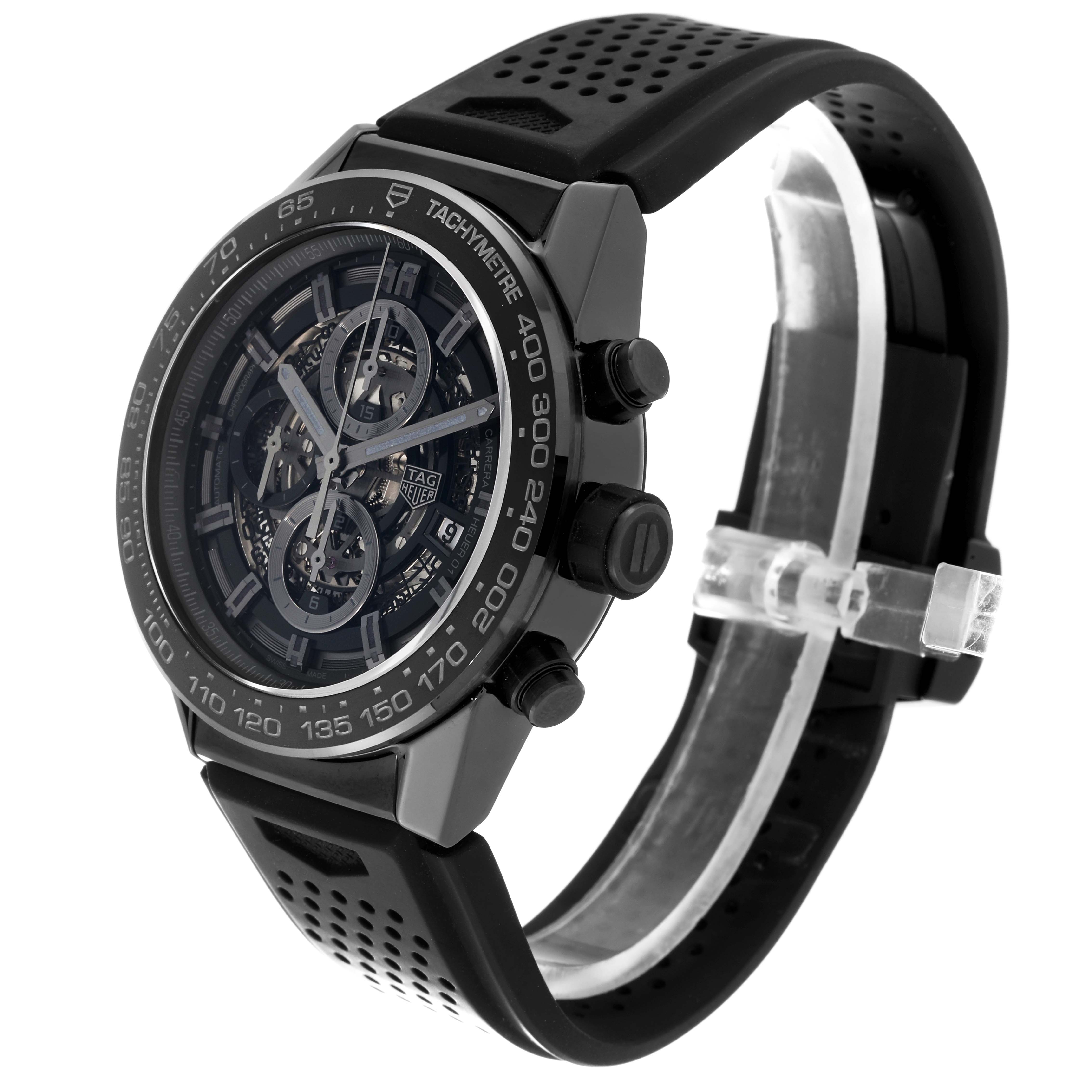 The image shows a side angle of the Tag Heuer Carrera CAR2A90.FT6071 Men's Ceramic Transparent Dial CAR2A90.FT6071 Men's Ceramic Transparent Dial watch, highlighting its face, crown, chronograph pushers, and black rubber strap.