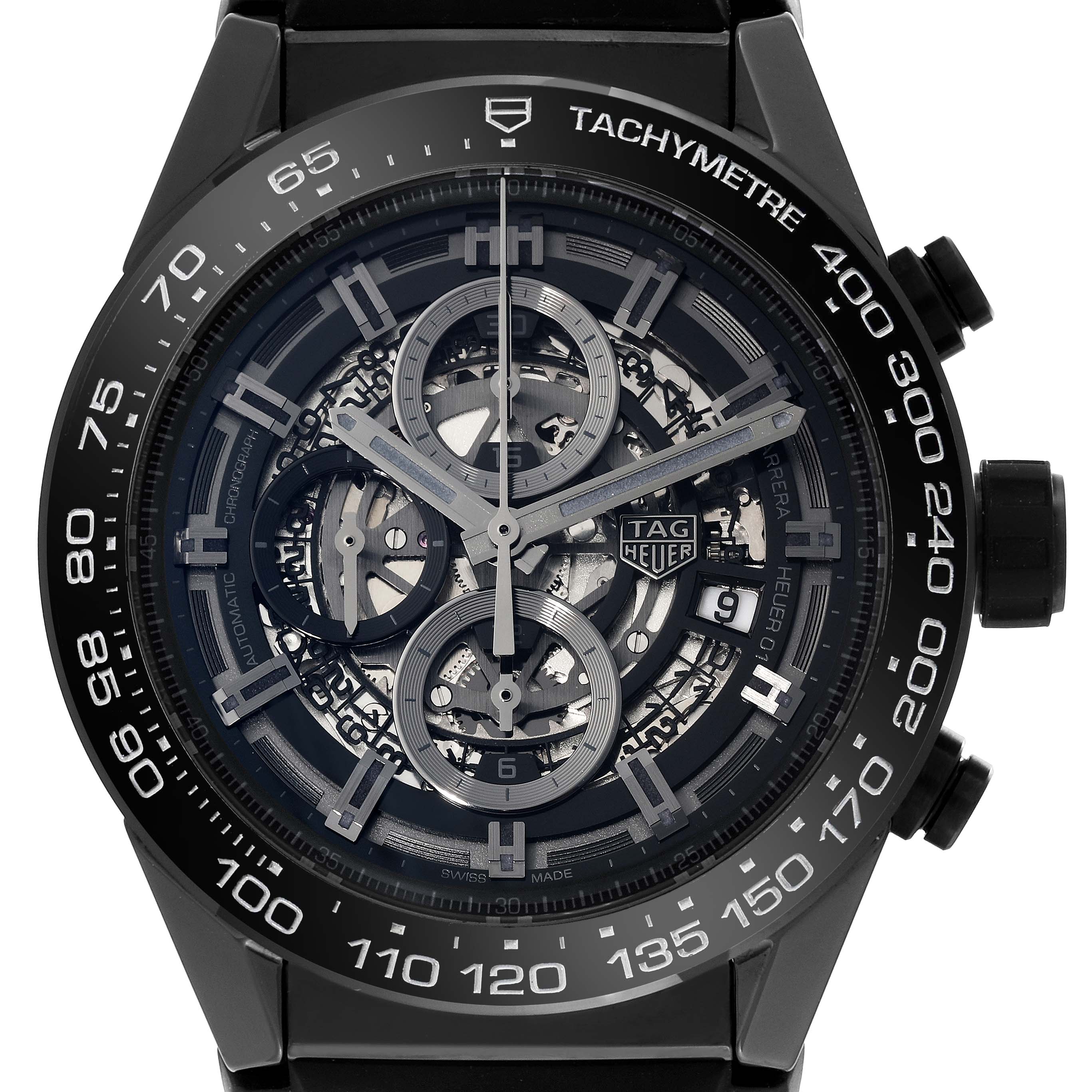 The image shows a front view of the Tag Heuer Carrera CAR2A90.FT6071 Men's Ceramic Transparent Dial CAR2A90.FT6071 Men's Ceramic Transparent Dial watch, displaying its dial, hands, subdials, tachymeter, and date window.