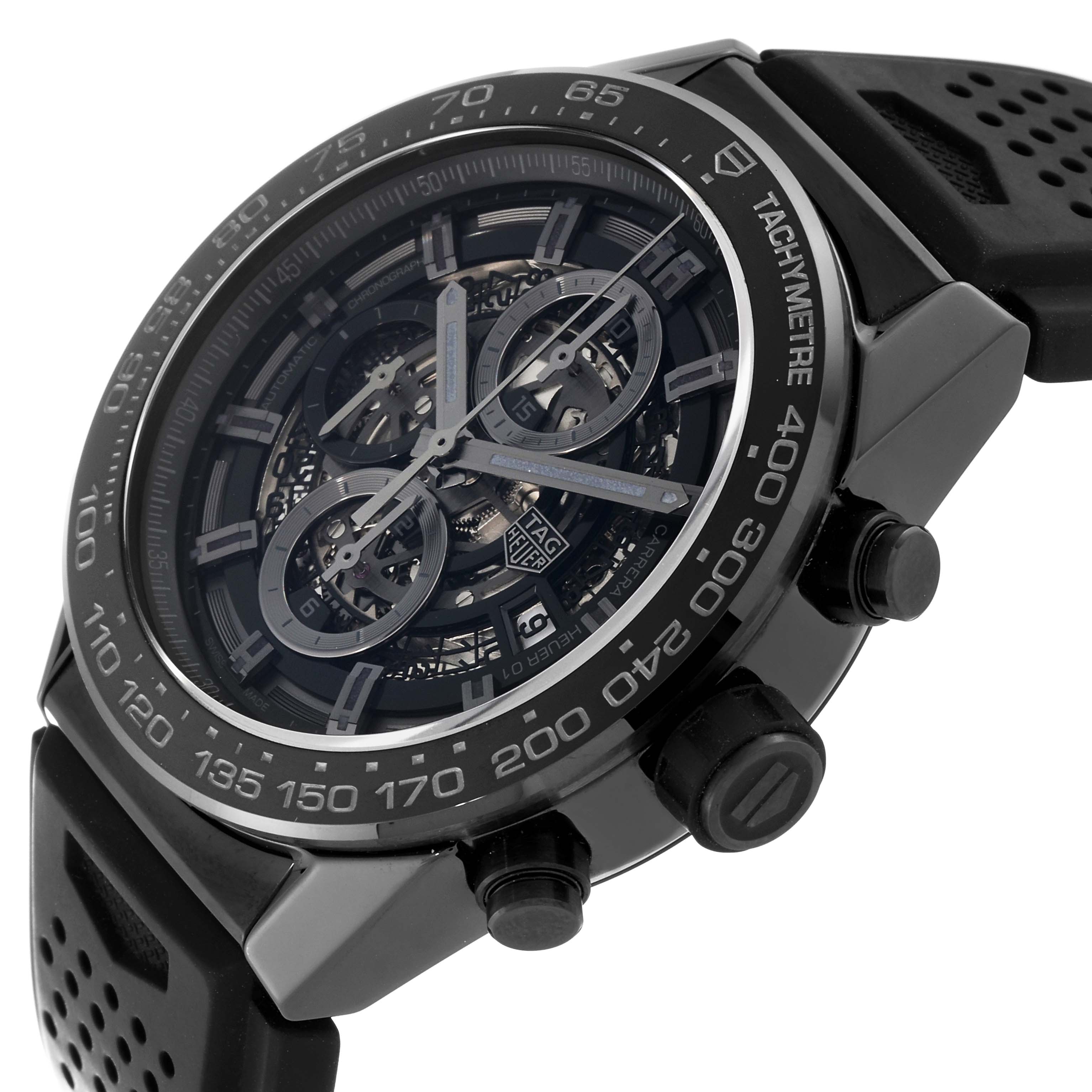 The image shows a Tag Heuer Carrera CAR2A90.FT6071 Men's Ceramic Transparent Dial CAR2A90.FT6071 Men's Ceramic Transparent Dial watch at an angle highlighting the face, bezel, and side buttons.