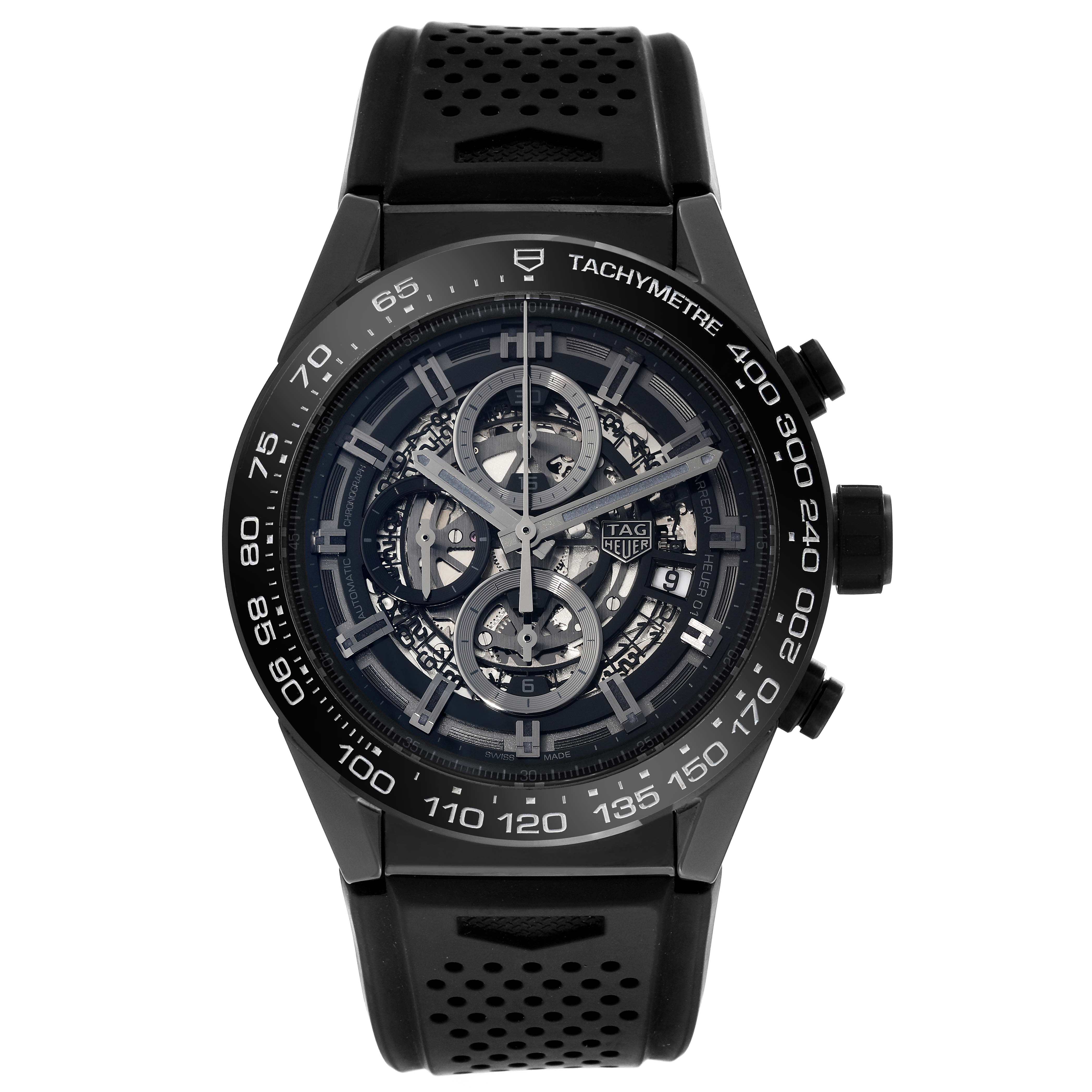 The image shows a front view of a Tag Heuer Carrera CAR2A90.FT6071 Men's Ceramic Transparent Dial CAR2A90.FT6071 Men's Ceramic Transparent Dial model watch with a black strap and a tachymeter bezel.