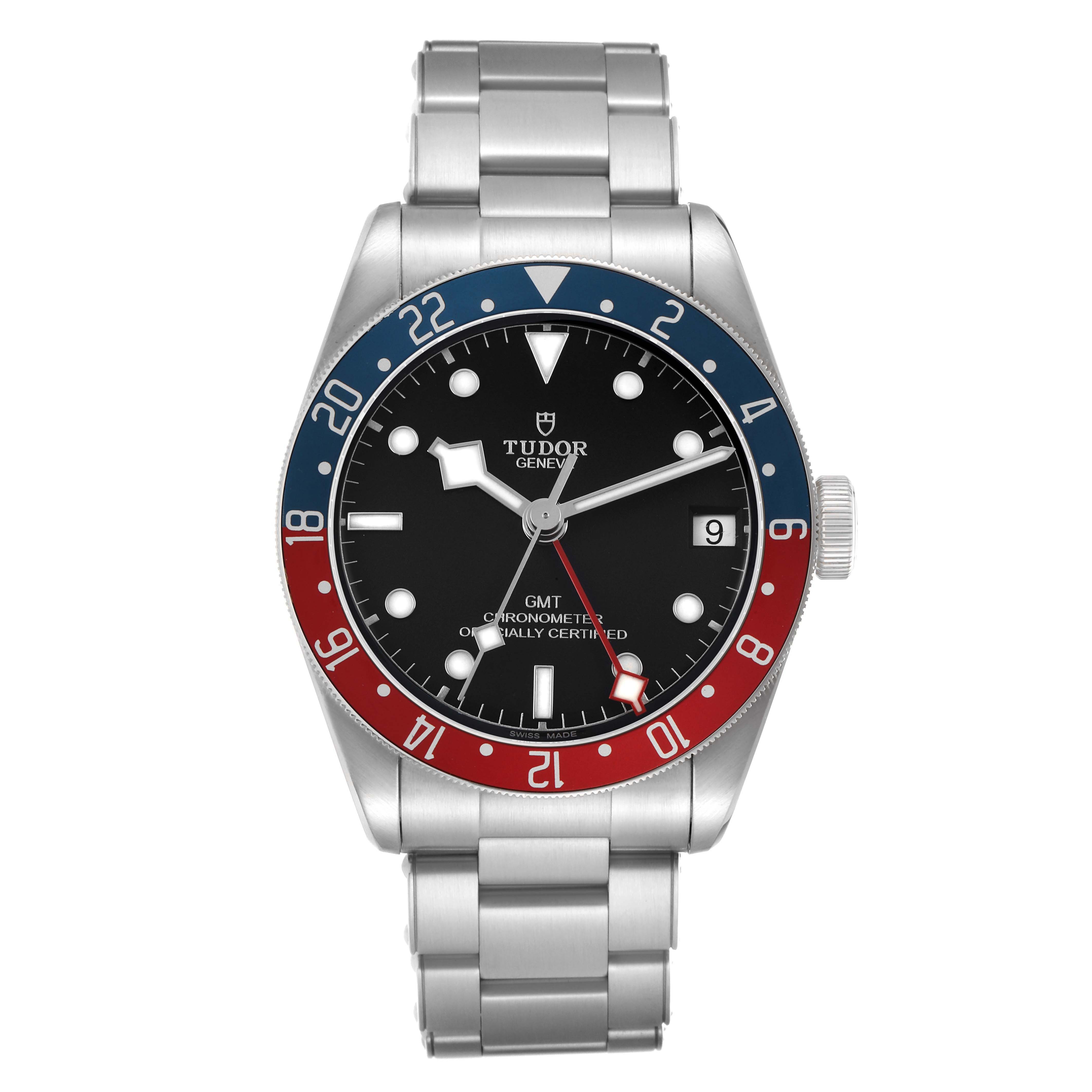 The Tudor Heritage Black Bay 79830RB Men's Stainless Steel Black Dial watch is shown from the front, highlighting its dial, bezel, and bracelet.