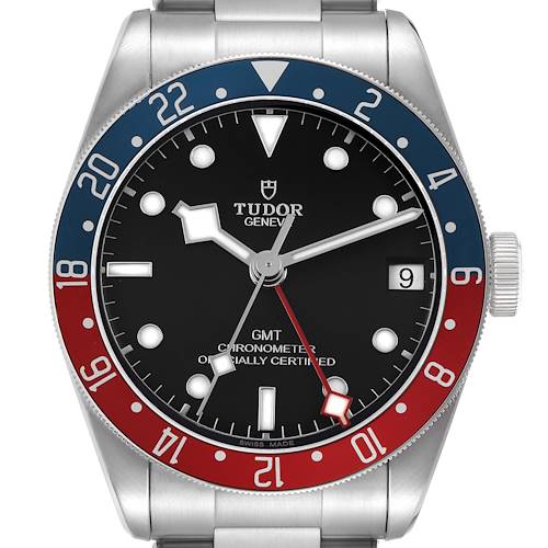 The Tudor Heritage Black Bay 79830RB Men's Stainless Steel Black Dial watch is shown from the front, highlighting its bezel, dial, and crown.