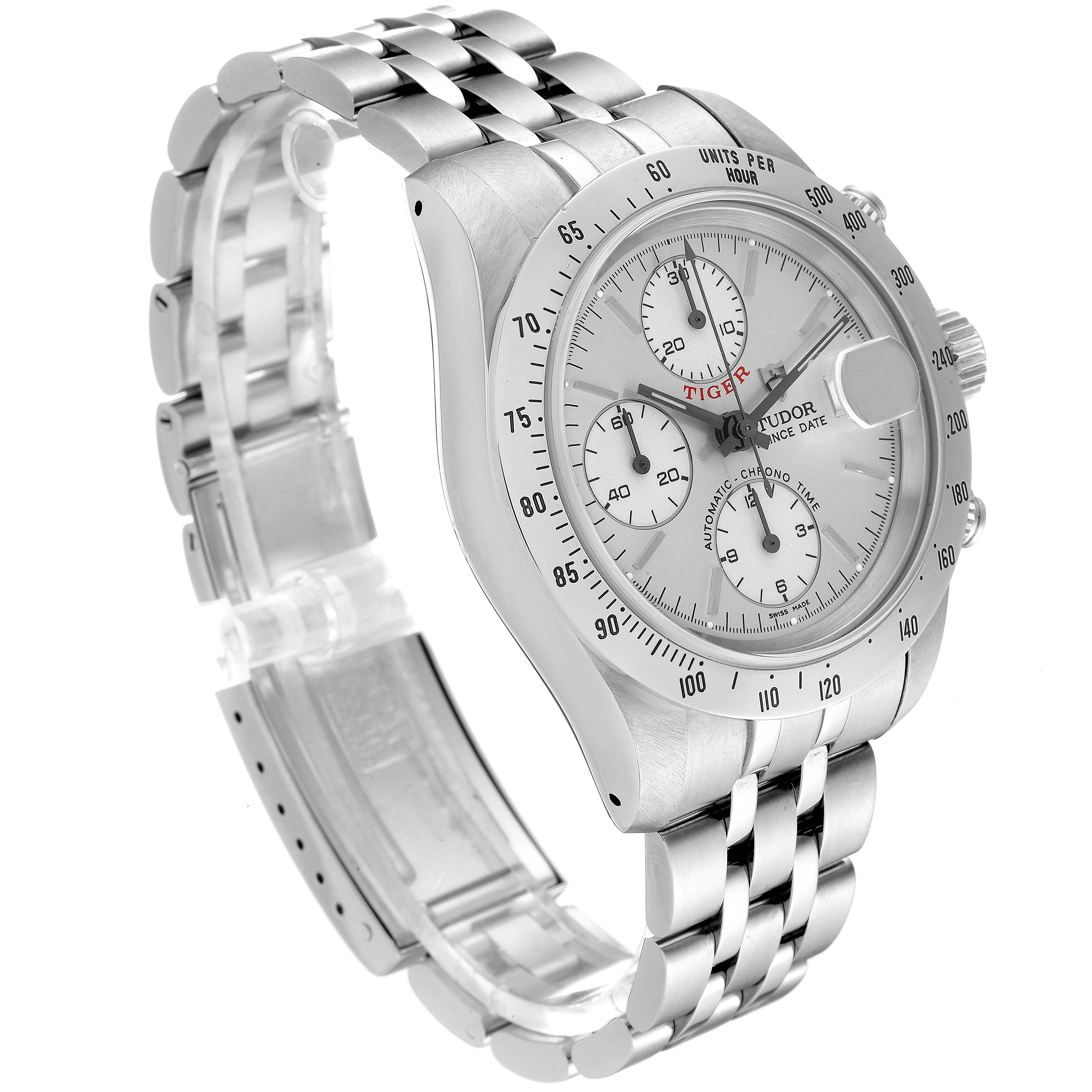 This Tudor Prince watch is shown at an angle highlighting its silver bracelet, chronograph dials, and bezel with tachymeter scale.