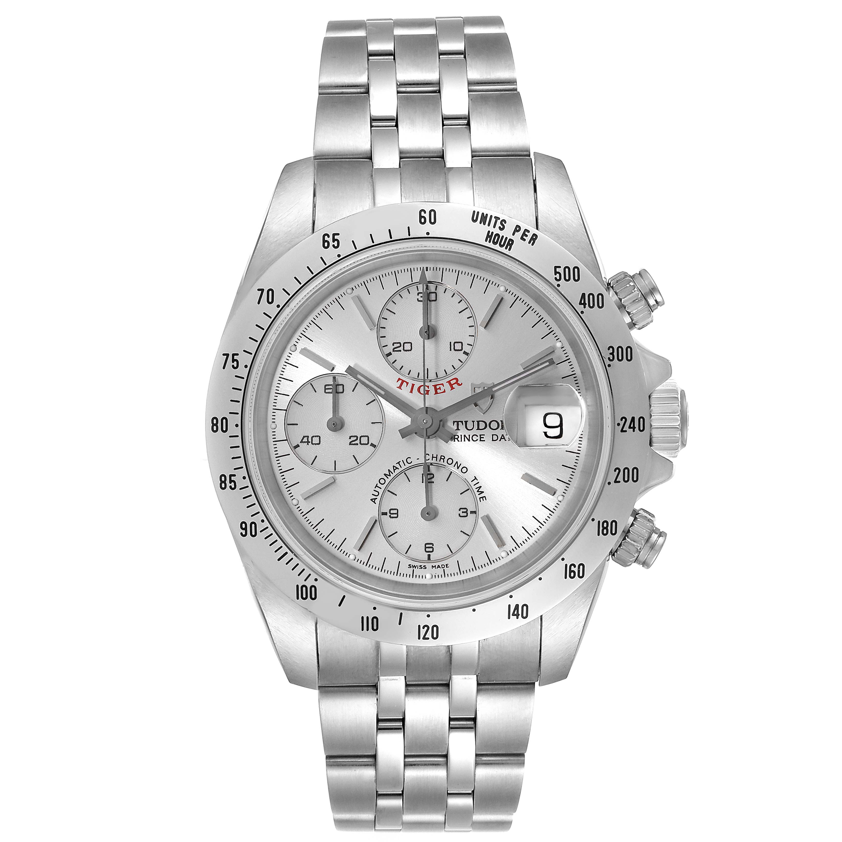The image shows a front view of a Tudor Prince model watch displaying its stainless-steel bracelet, chronograph dial, and date window.