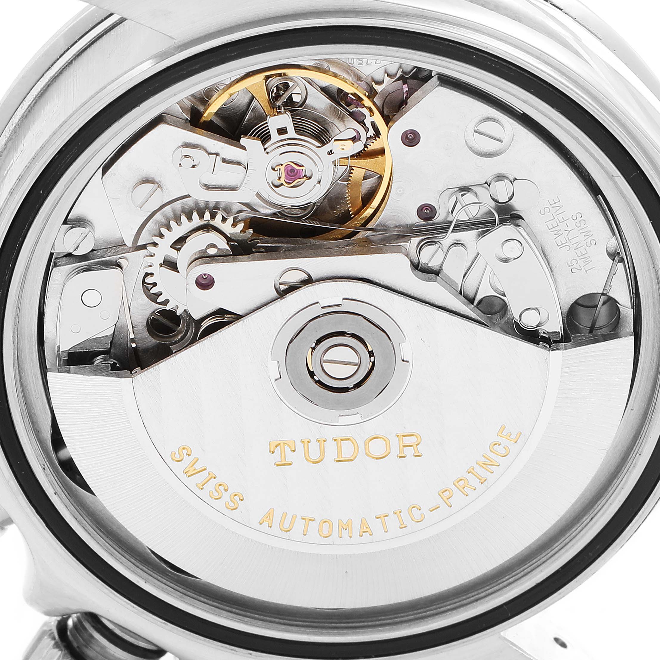 The image shows a close-up view of the Tudor Prince model's automatic movement and internal components from the back.