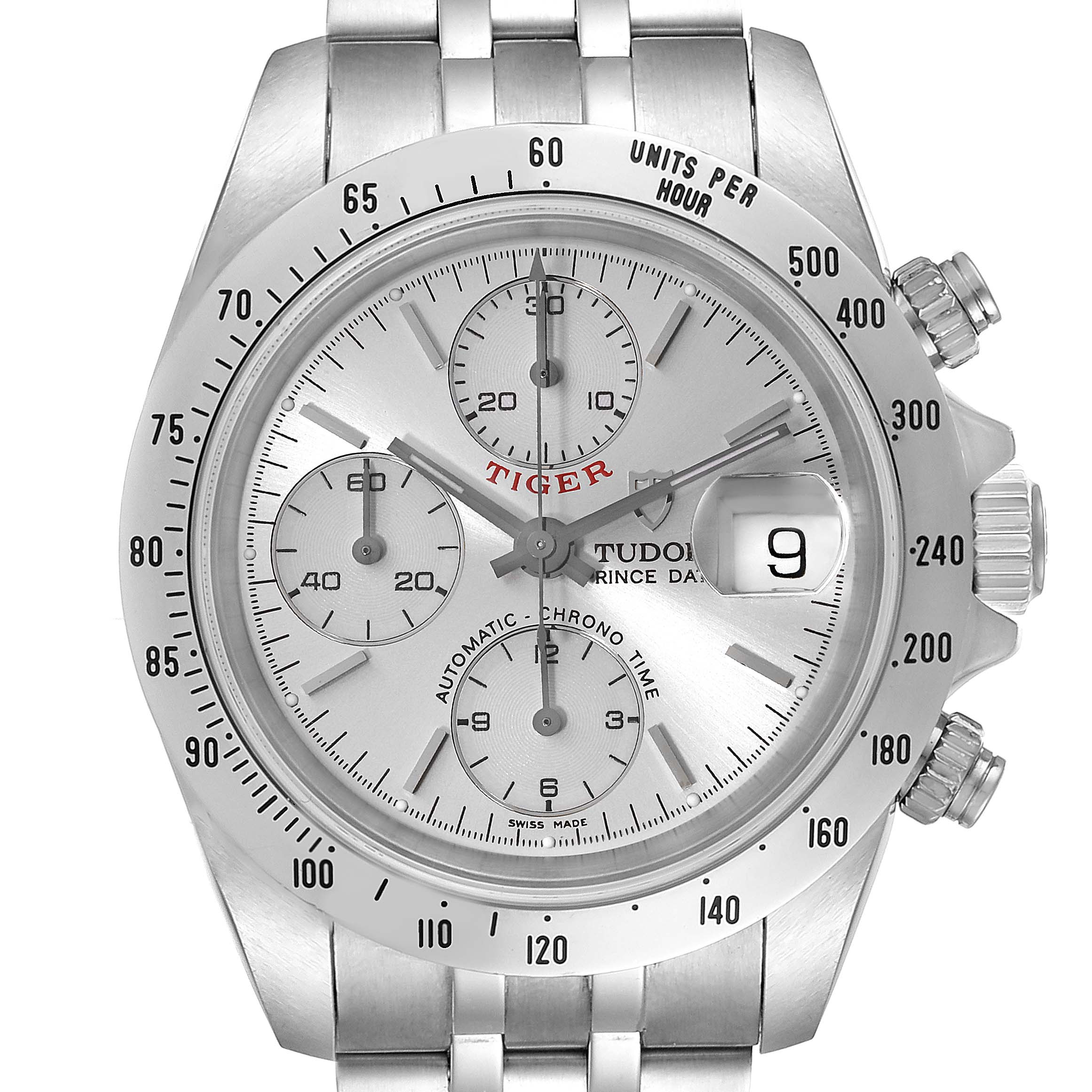 This image shows a front view of the Tudor Tiger 79280 Men's Stainless Steel Silver Dial 79280 Men's Stainless Steel Silver Dial model watch, featuring its dial, chronograph subdials, and date window.