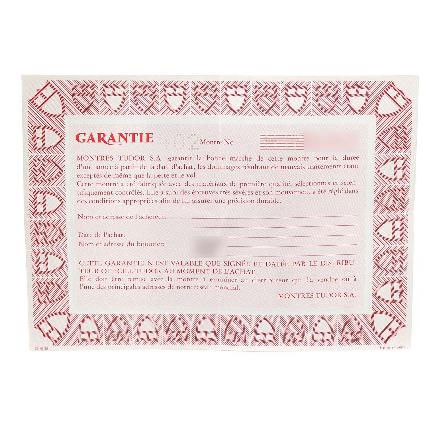 This image shows a warranty certificate for the Tudor Prince model watch.