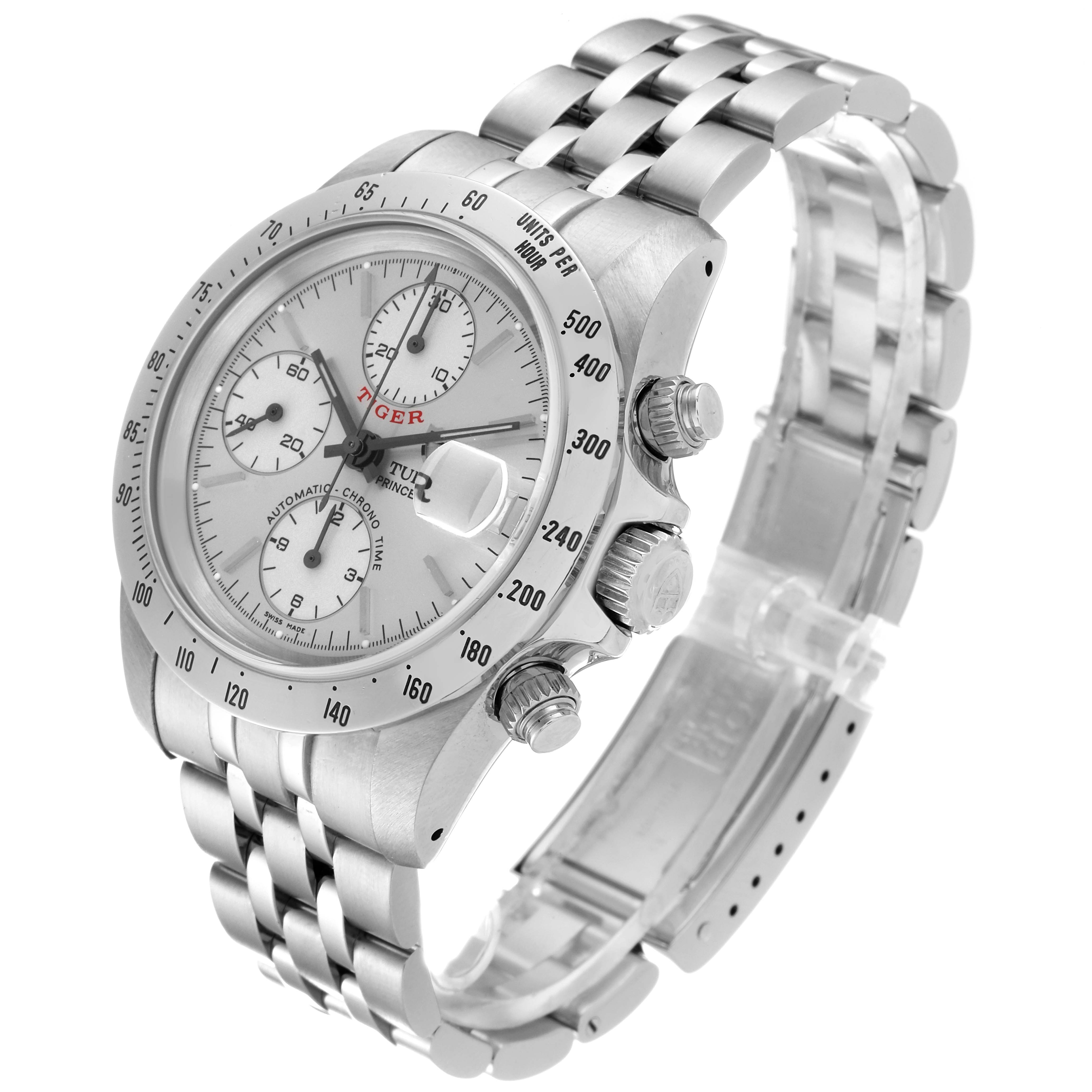 The image shows a Tudor Prince model watch from an angled view showcasing the dial, bezel, crown, pushers, and bracelet.