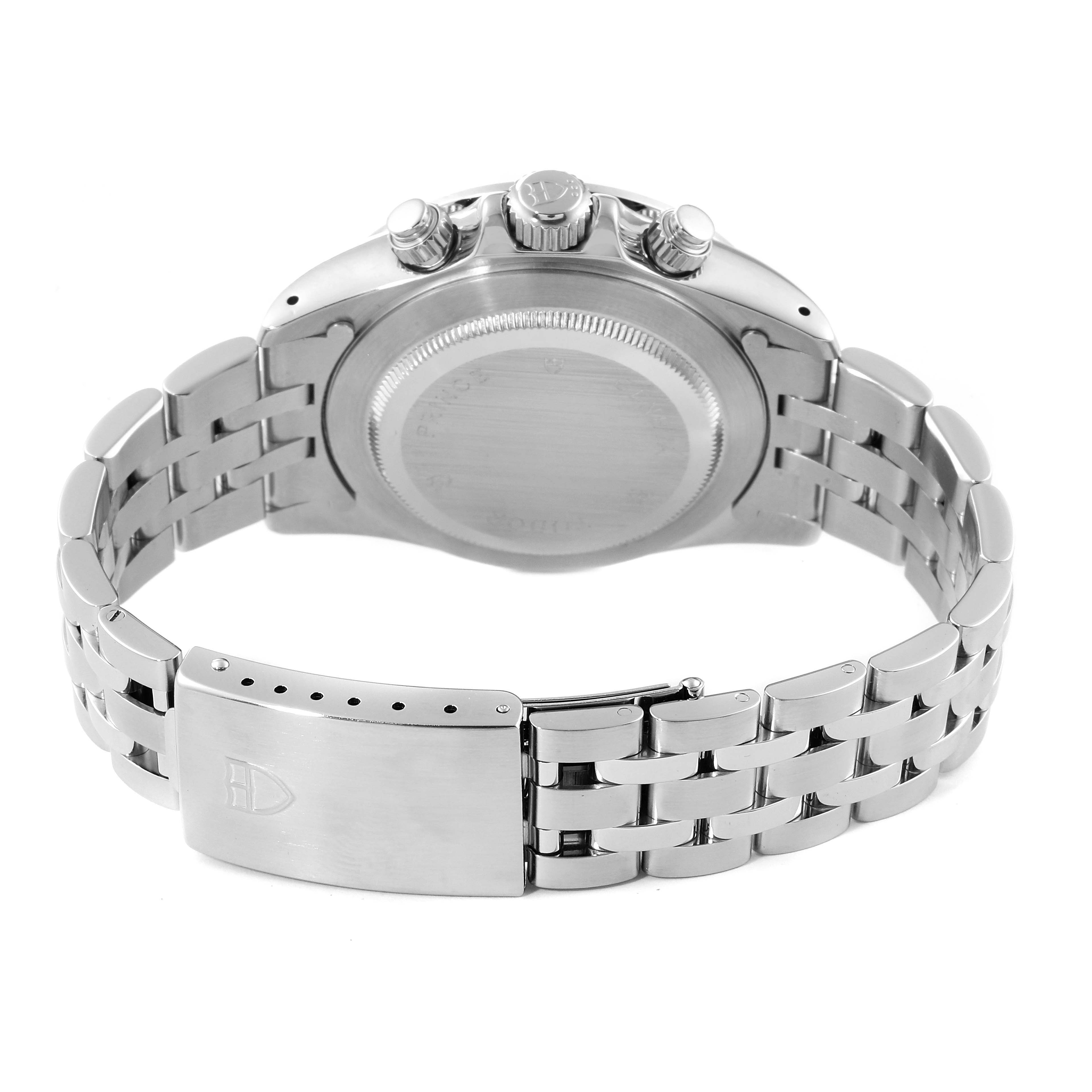 The image shows the back view of a Tudor Prince watch, focusing on its case, bracelet, and clasp.