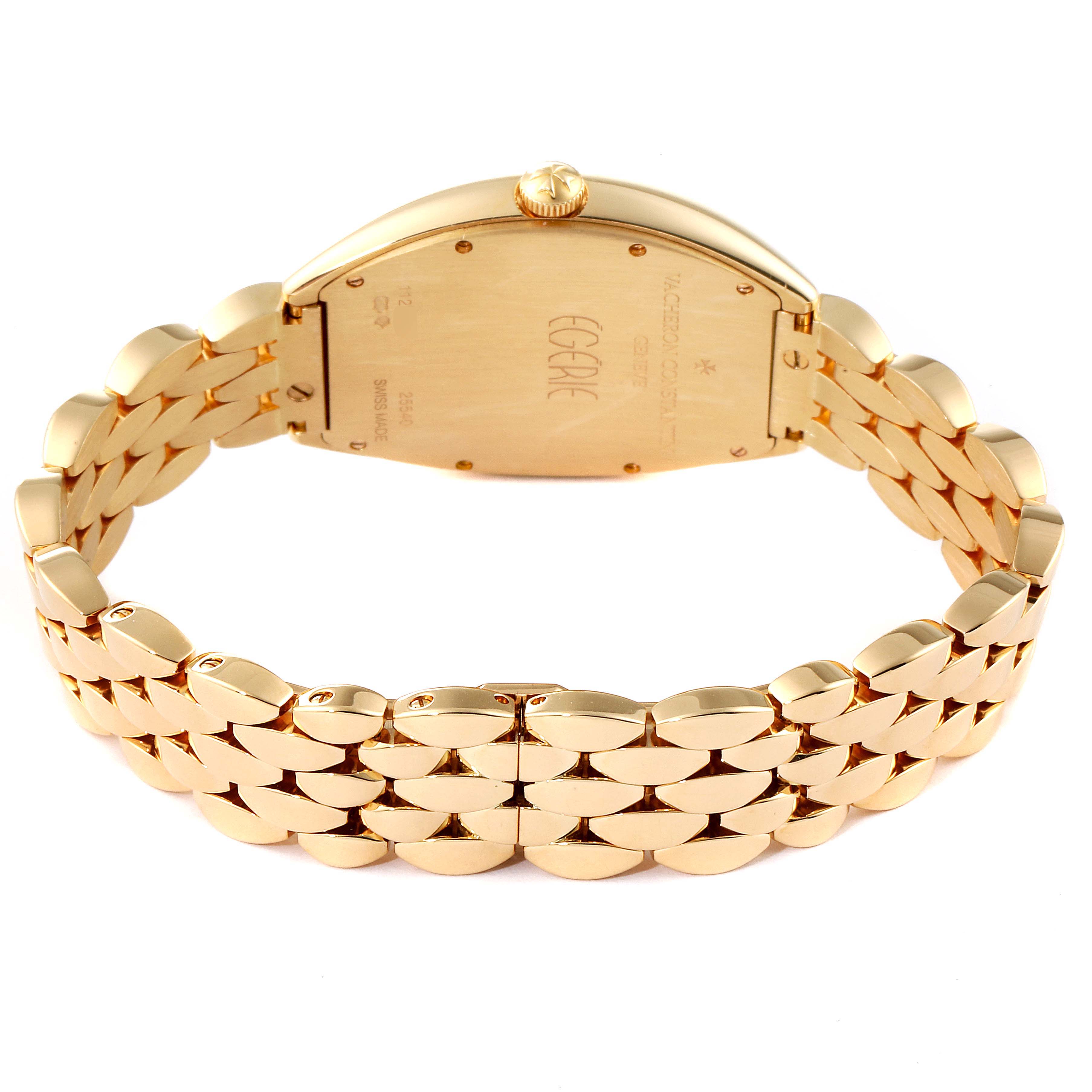 This image shows the back view of the Vacheron Constantin Egerie 25540/344J Women
s Rose Gold Silver Dial 25540/344J Women
s Rose Gold Silver Dial watch, highlighting its case back, crown, and bracelet.