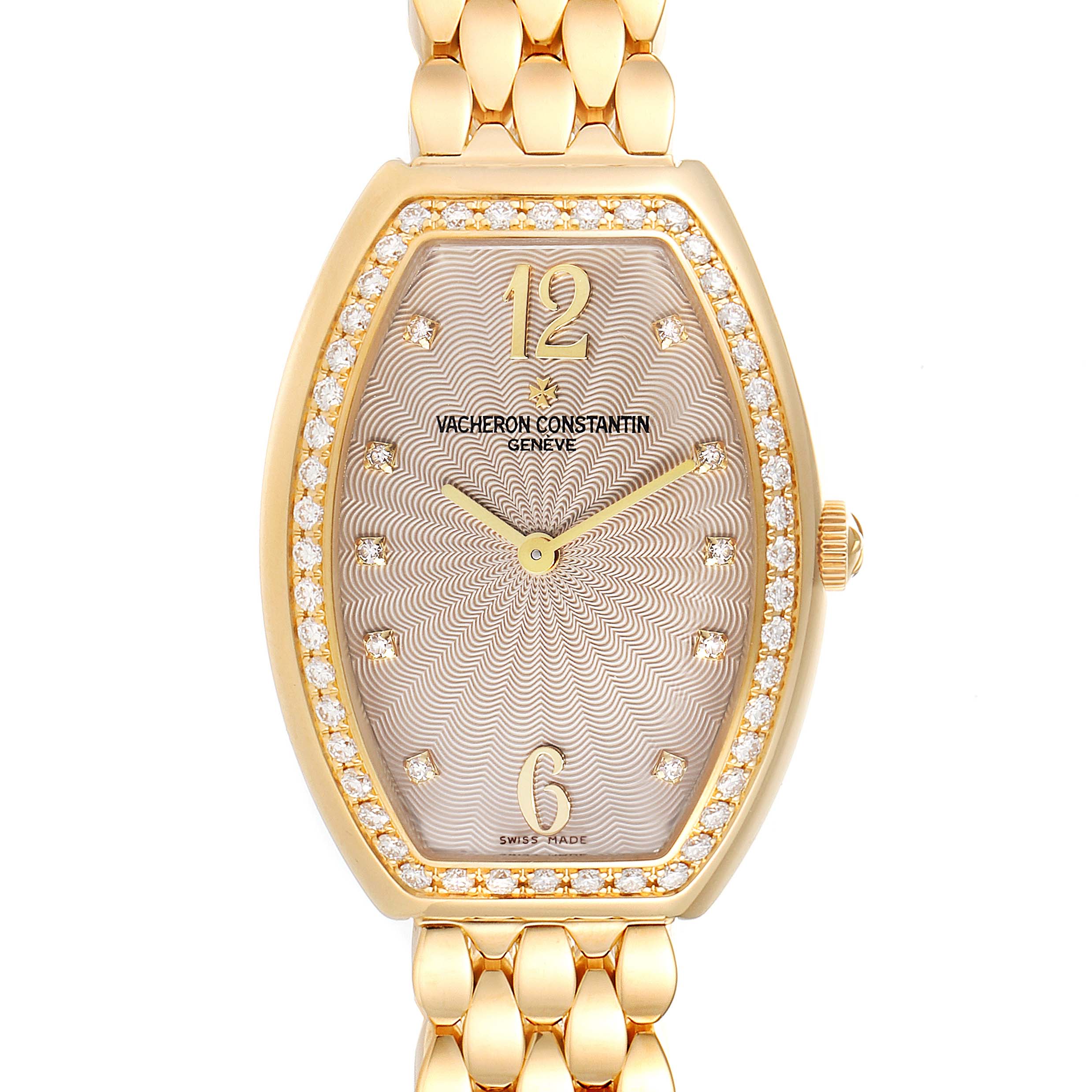The image shows a frontal view of the Vacheron Constantin Egerie 25540/344J Women
s Rose Gold Silver Dial 25540/344J Women
s Rose Gold Silver Dial watch, featuring its face, dial, and linked band.