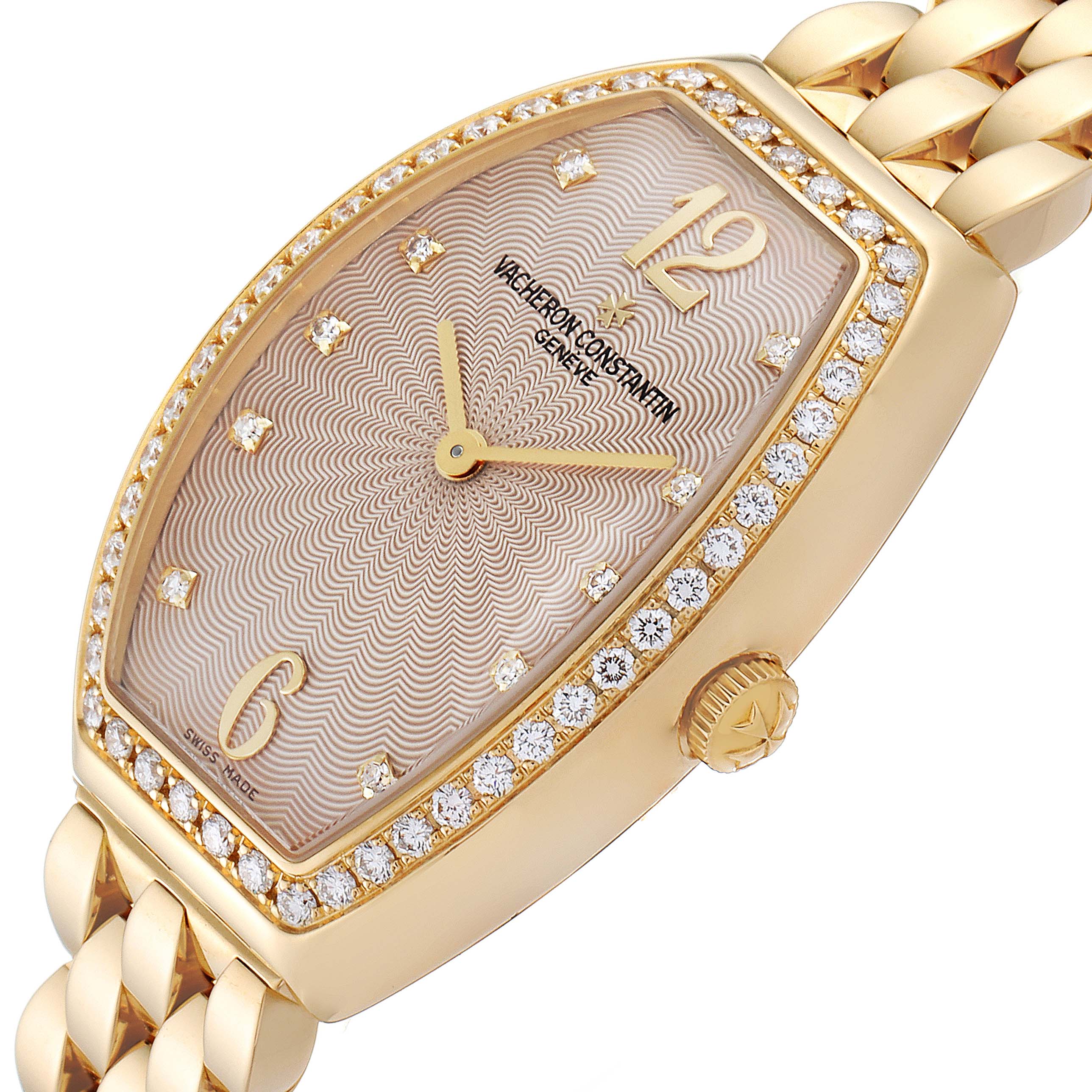 The image shows an angled close-up of a Vacheron Constantin Egerie 25540/344J Women
s Rose Gold Silver Dial 25540/344J Women
s Rose Gold Silver Dial watch, highlighting its diamond-encrusted bezel, dial, crown, and part of the bracelet.