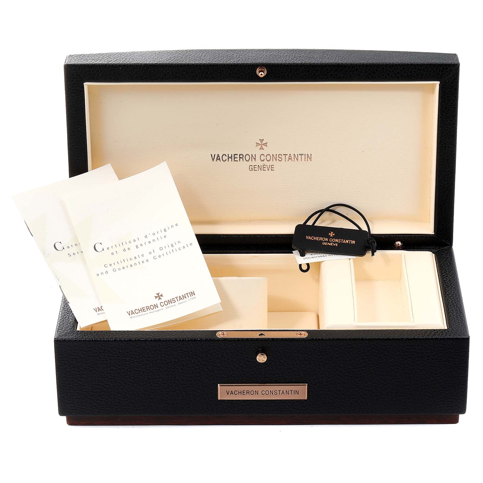 The image shows the open box, certificates, and tag for the Vacheron Constantin Egerie 25540/344J Women
s Rose Gold Silver Dial 25540/344J Women
s Rose Gold Silver Dial watch model.