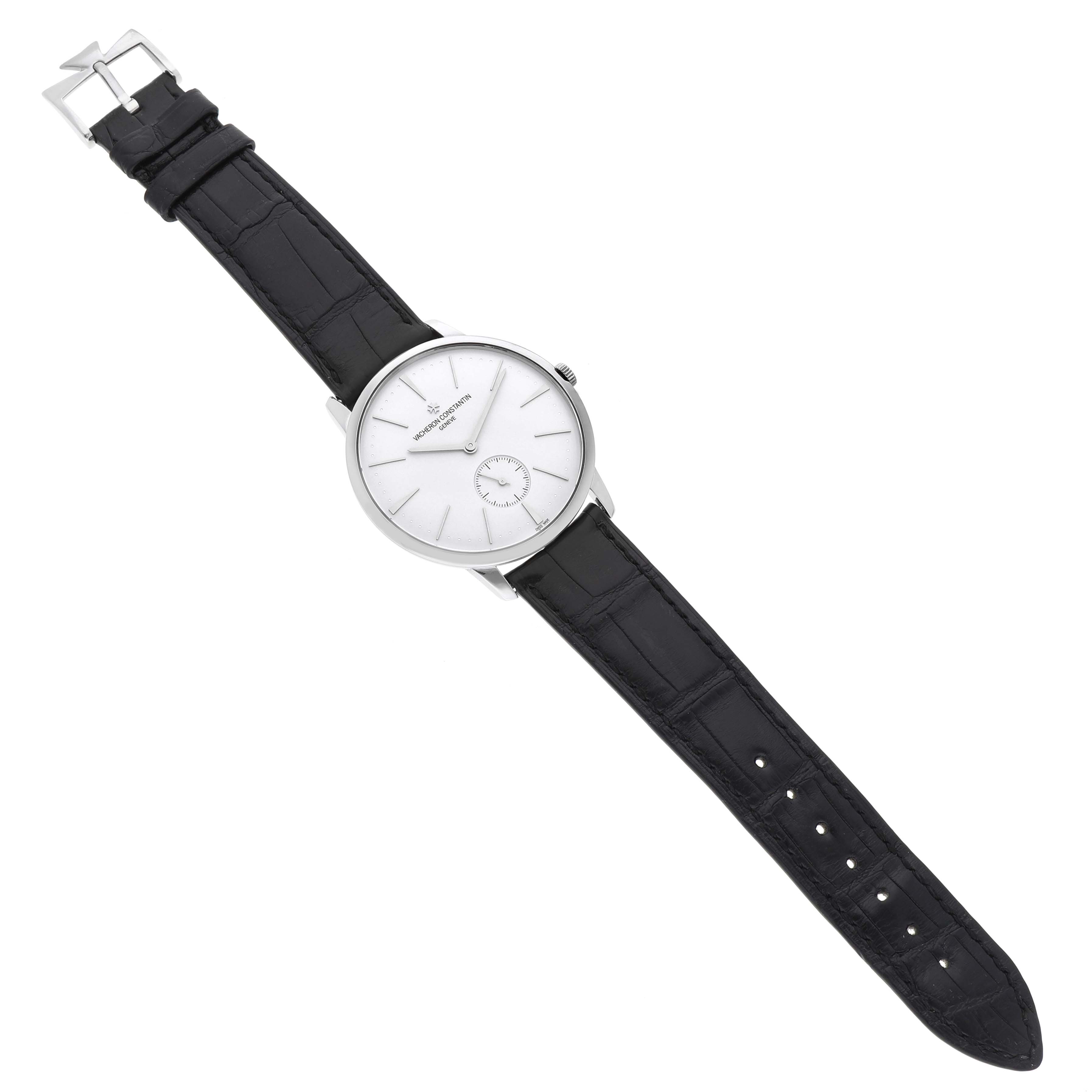 The Vacheron Constantin Patrimony 1110U Men's White Gold Silver Dial watch is shown from above, displaying the face, hands, and black leather strap.