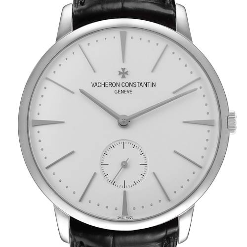 The Vacheron Constantin Patrimony 1110U Men's White Gold Silver Dial watch is shown from the front, highlighting its white dial, indices, and sleek case.