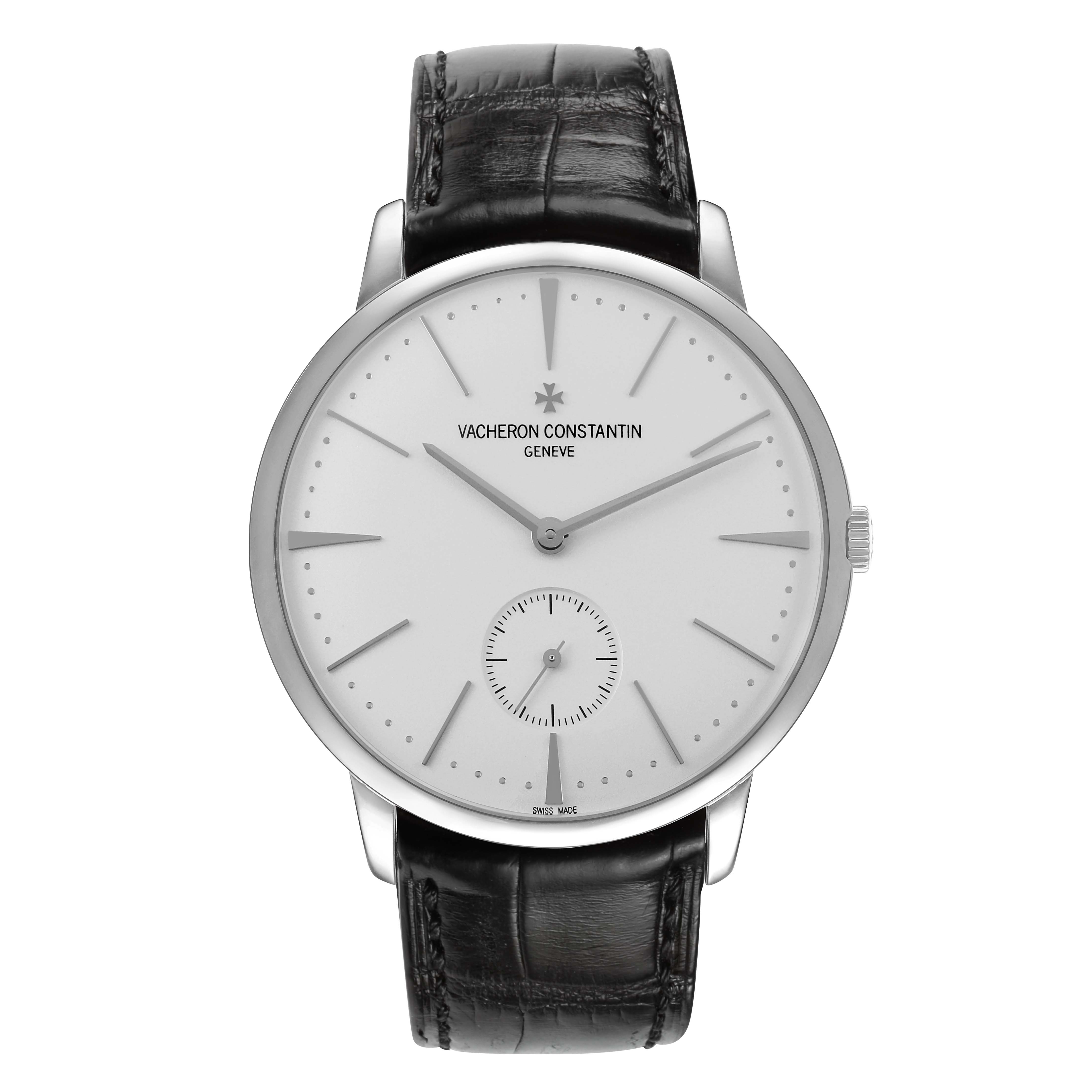 The image shows a front view of the Vacheron Constantin Patrimony 1110U Men's White Gold Silver Dial watch featuring a black leather strap and silver dial.