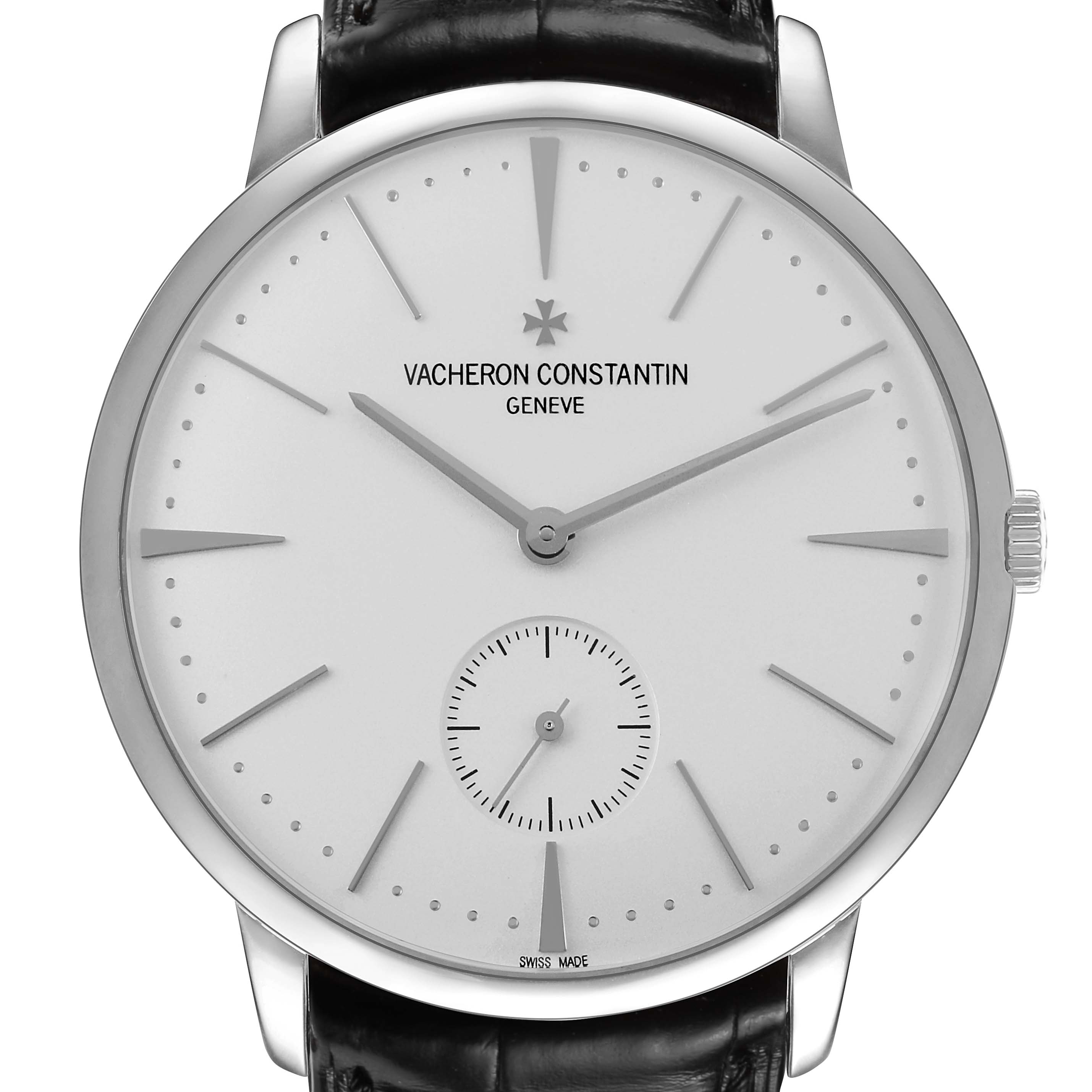The image shows a front-facing view of the Vacheron Constantin Patrimony 1110U Men's White Gold Silver Dial, displaying its face, hands, and part of the strap.