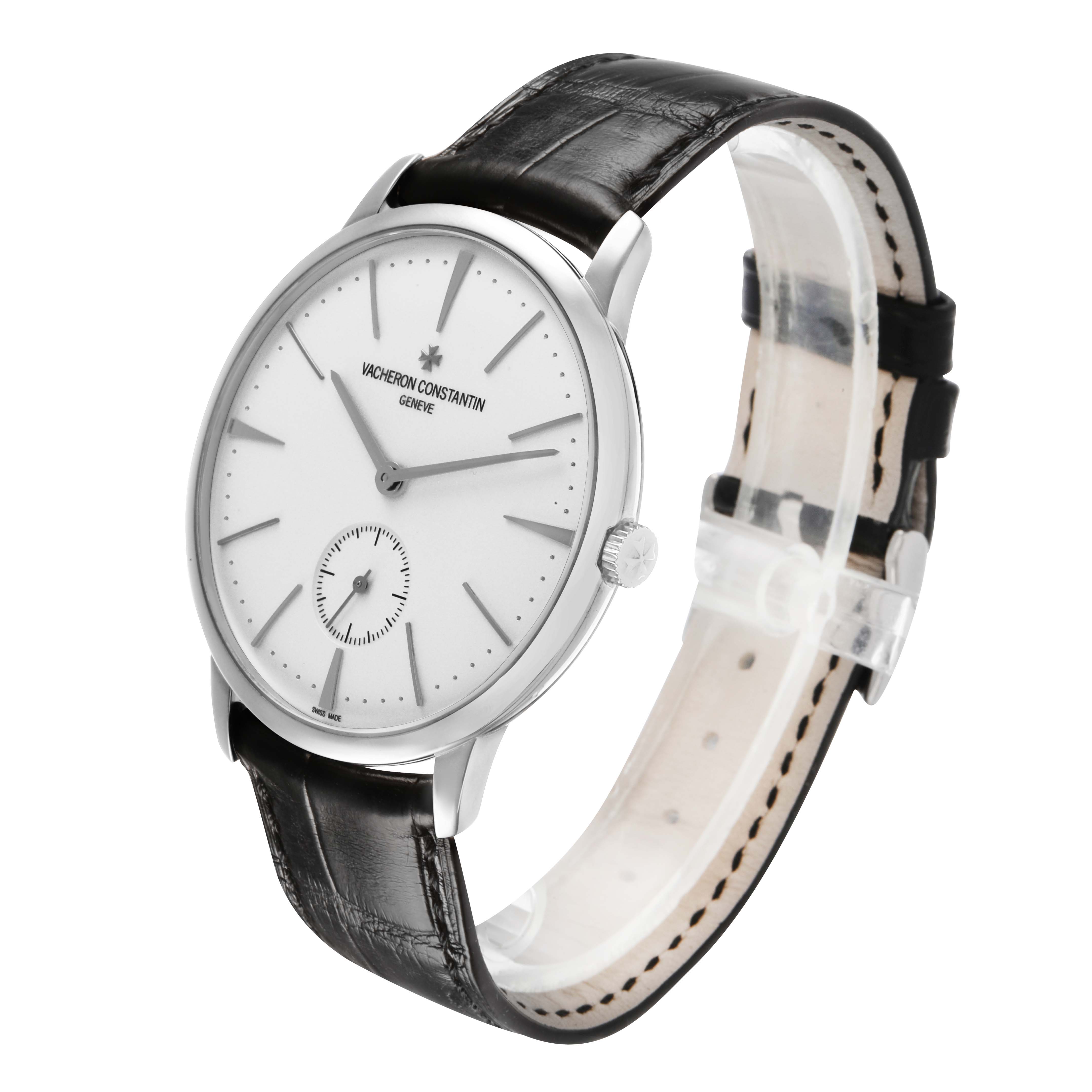 The Vacheron Constantin Patrimony 1110U Men's White Gold Silver Dial watch is shown at a three-quarter angle, displaying the face, crown, and black leather strap.