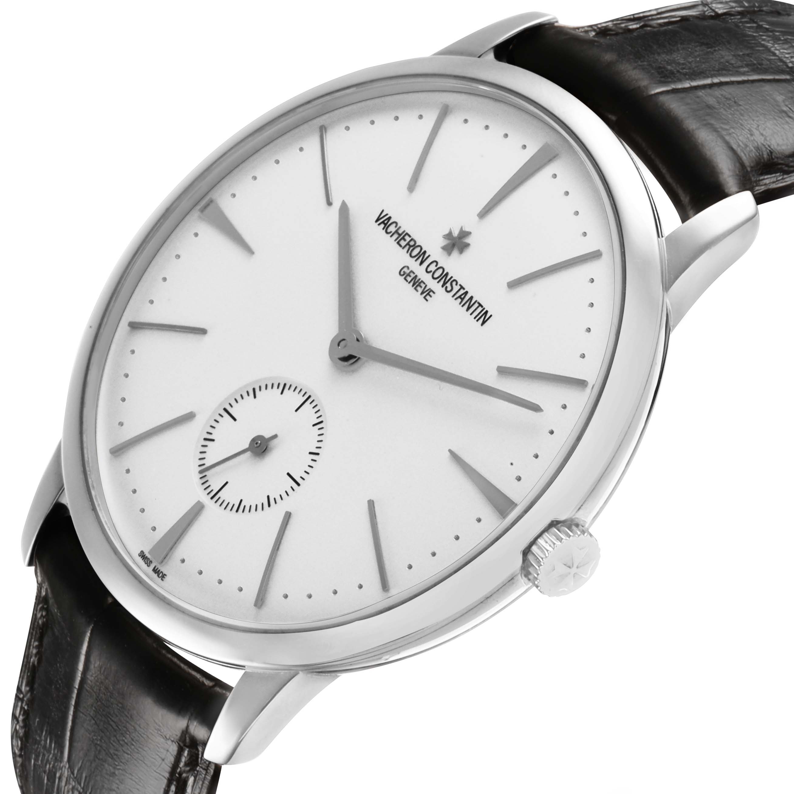 The Vacheron Constantin Patrimony 1110U Men's White Gold Silver Dial watch is shown at an oblique angle, highlighting the dial, crown, and leather strap.