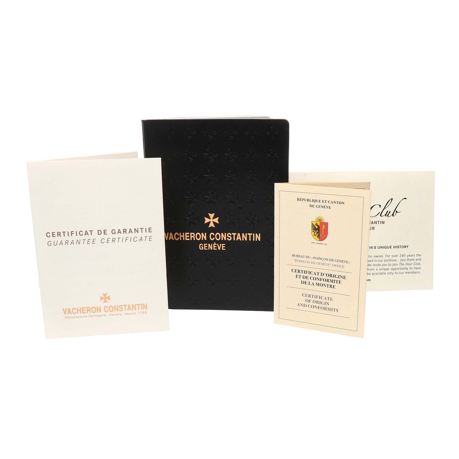 The image shows documentation and warranty papers for the Vacheron Constantin Patrimony 1110U Men's White Gold Silver Dial watch model.