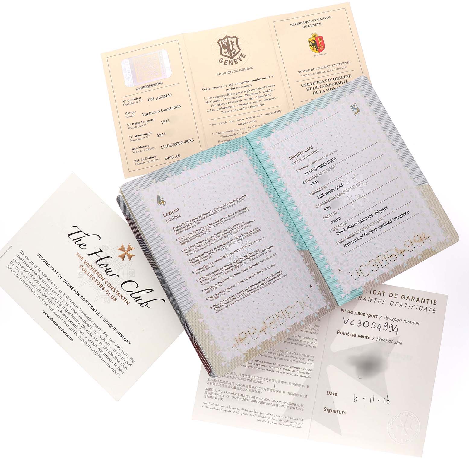 The image shows documentation for the Vacheron Constantin Patrimony 1110U Men's White Gold Silver Dial model, including warranty and authenticity papers.