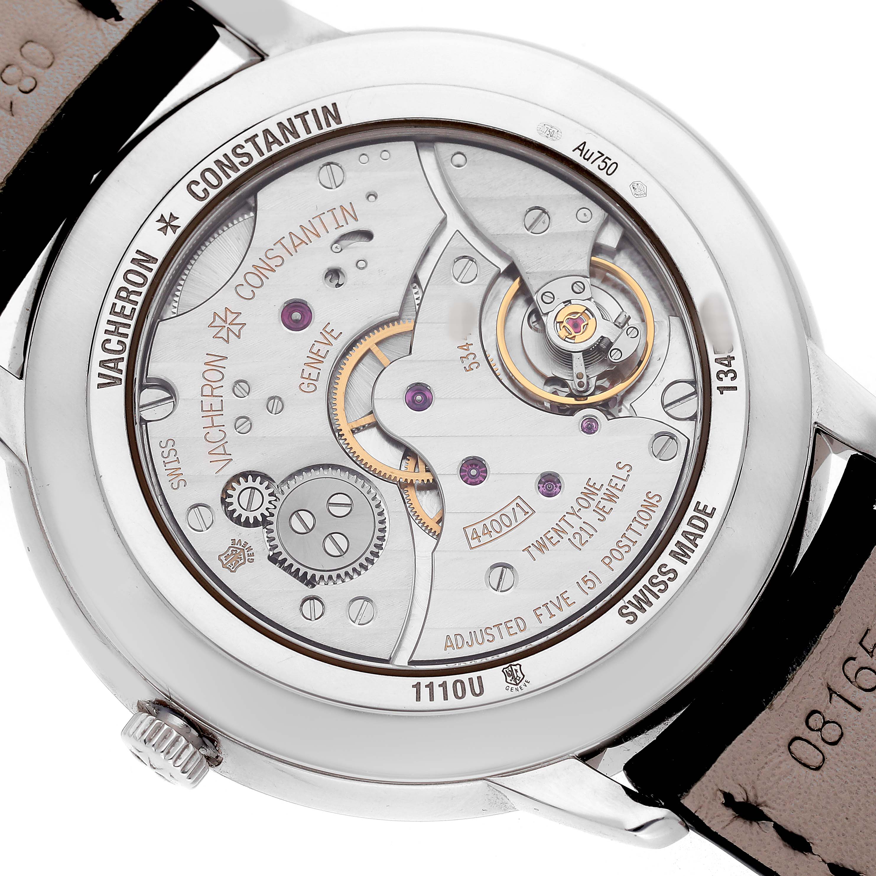 The image shows the back of the Vacheron Constantin Patrimony 1110U Men's White Gold Silver Dial watch, highlighting the intricate movement and internal components.