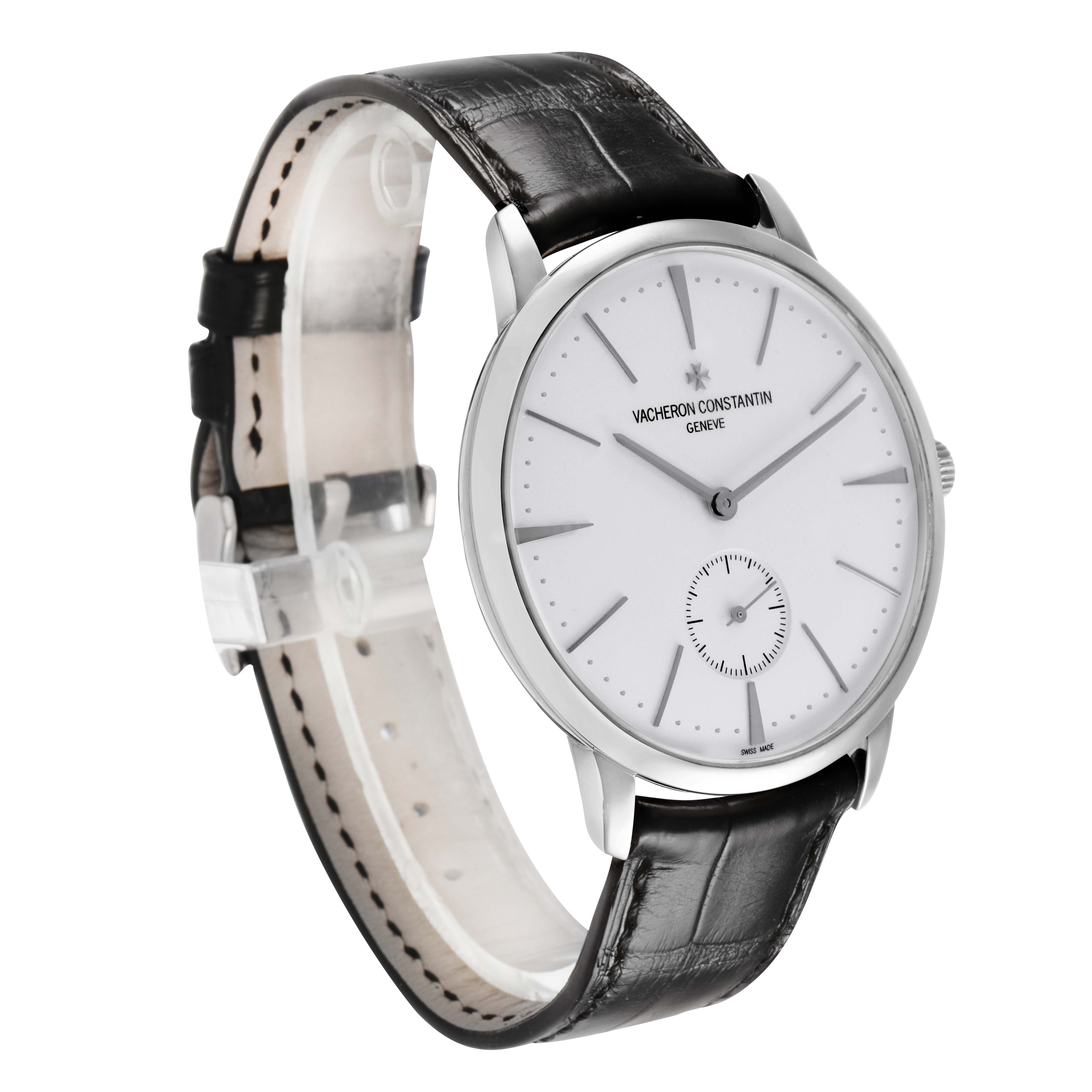 The Vacheron Constantin Patrimony 1110U Men's White Gold Silver Dial watch is shown at a three-quarter angle, displaying the dial, case, crown, and leather strap.