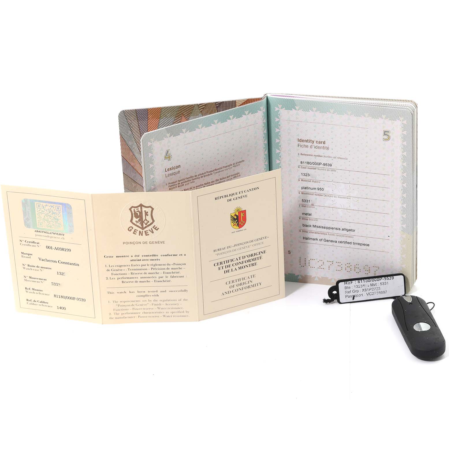 The image shows the certificate, watch papers, and accessories for the Patrimony model by Vacheron Constantin.