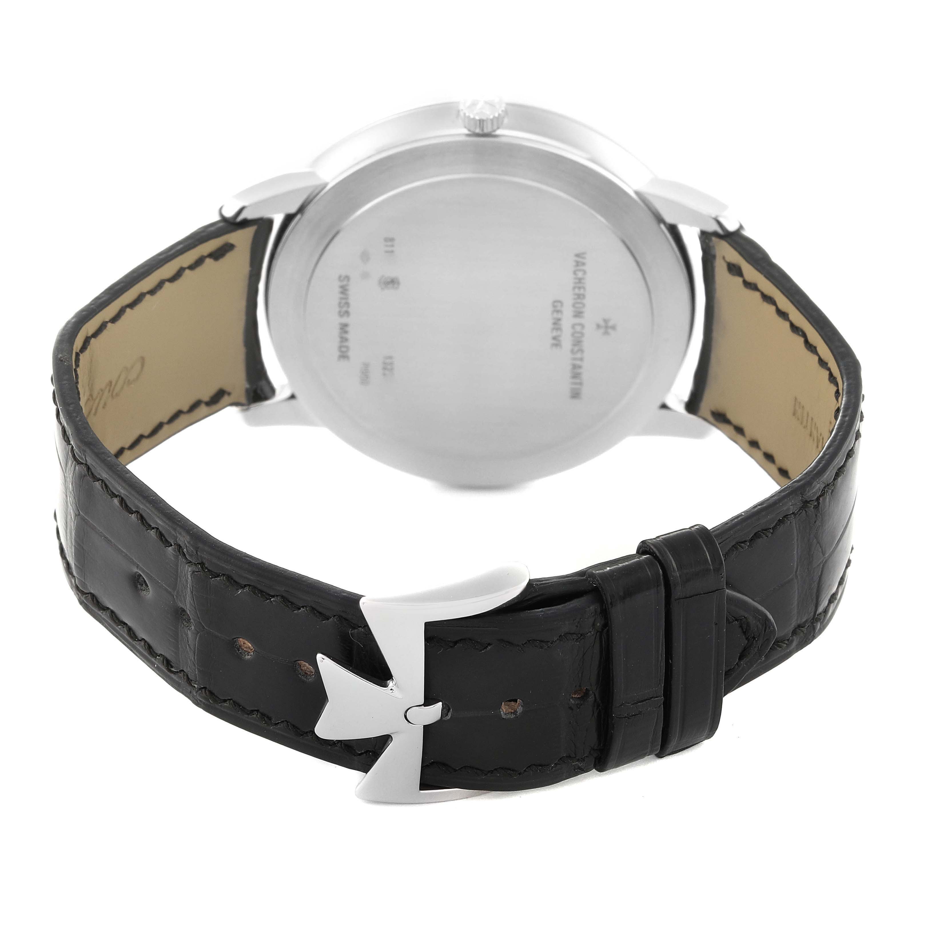 The image shows the back side of the Vacheron Constantin Patrimony 81180/000P-9539 Men's Platinum Grey Dial 81180/000P-9539 Men's Platinum Grey Dial watch, focusing on the case back, strap, and buckle.