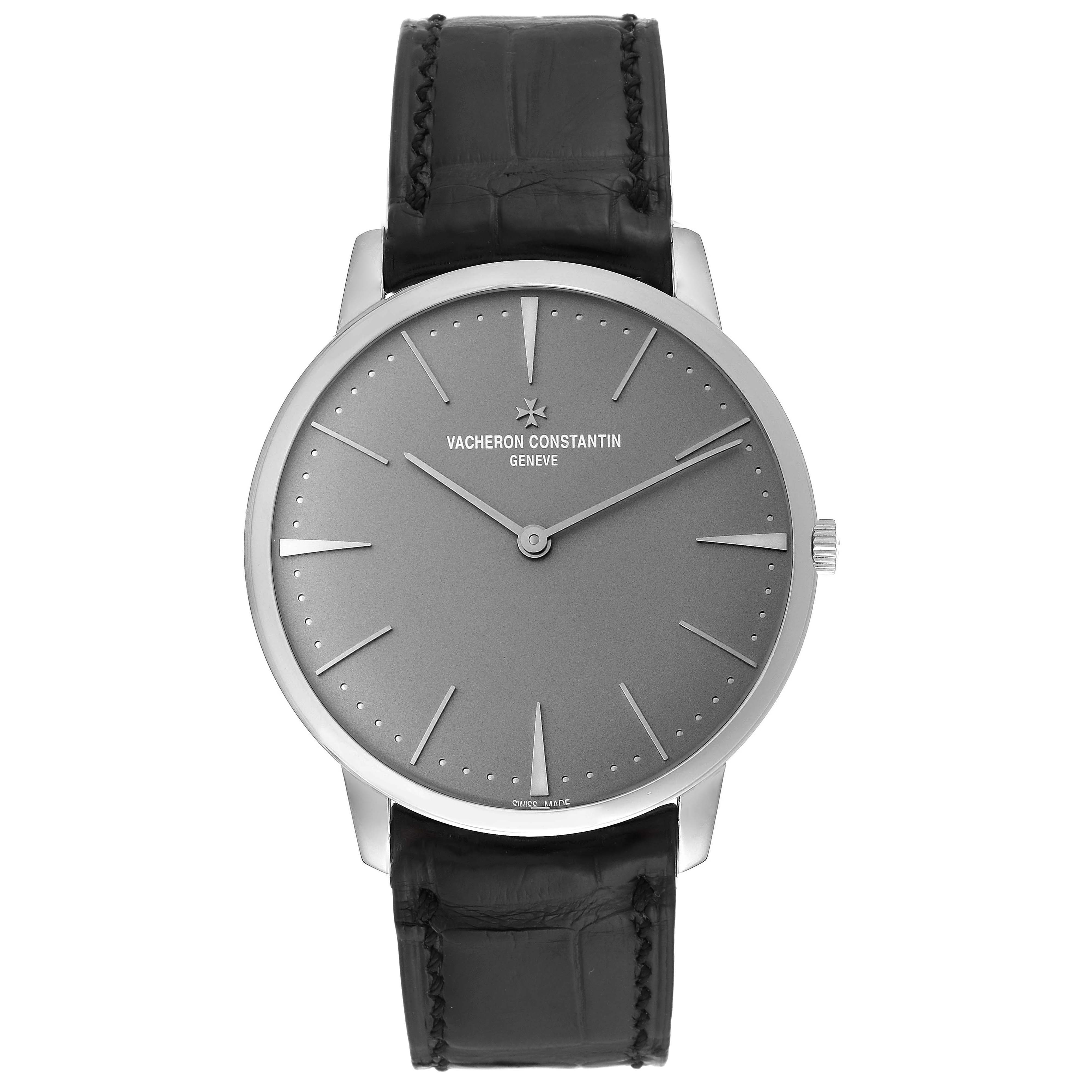 This is a Vacheron Constantin Patrimony 81180/000P-9539 Men's Platinum Grey Dial 81180/000P-9539 Men's Platinum Grey Dial watch, shown from the front, displaying the dial, case, indices, and leather strap.