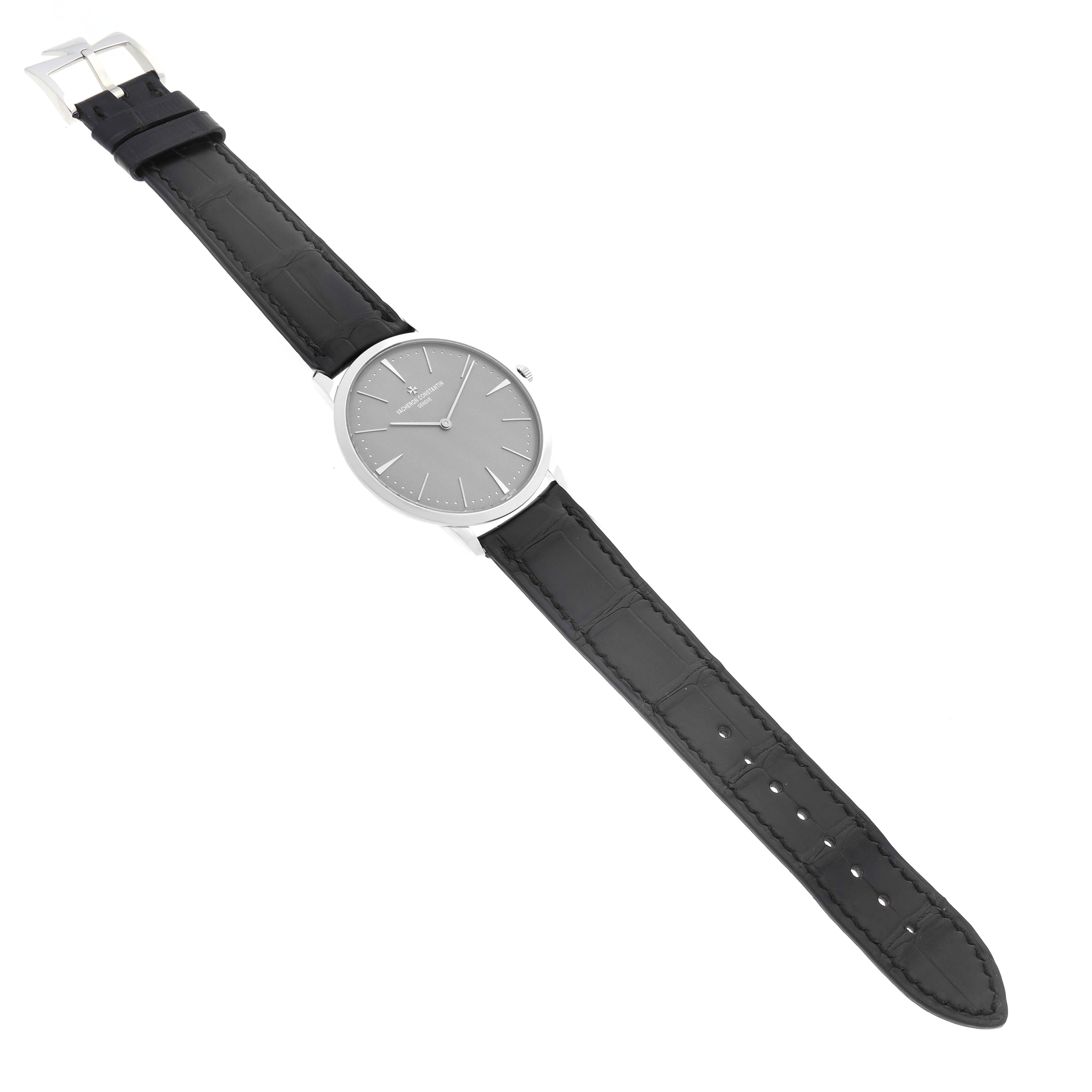 This image shows a Vacheron Constantin Patrimony 81180/000P-9539 Men's Platinum Grey Dial 81180/000P-9539 Men's Platinum Grey Dial watch, photographed from a top-down angle, displaying the face, case, and full strap.