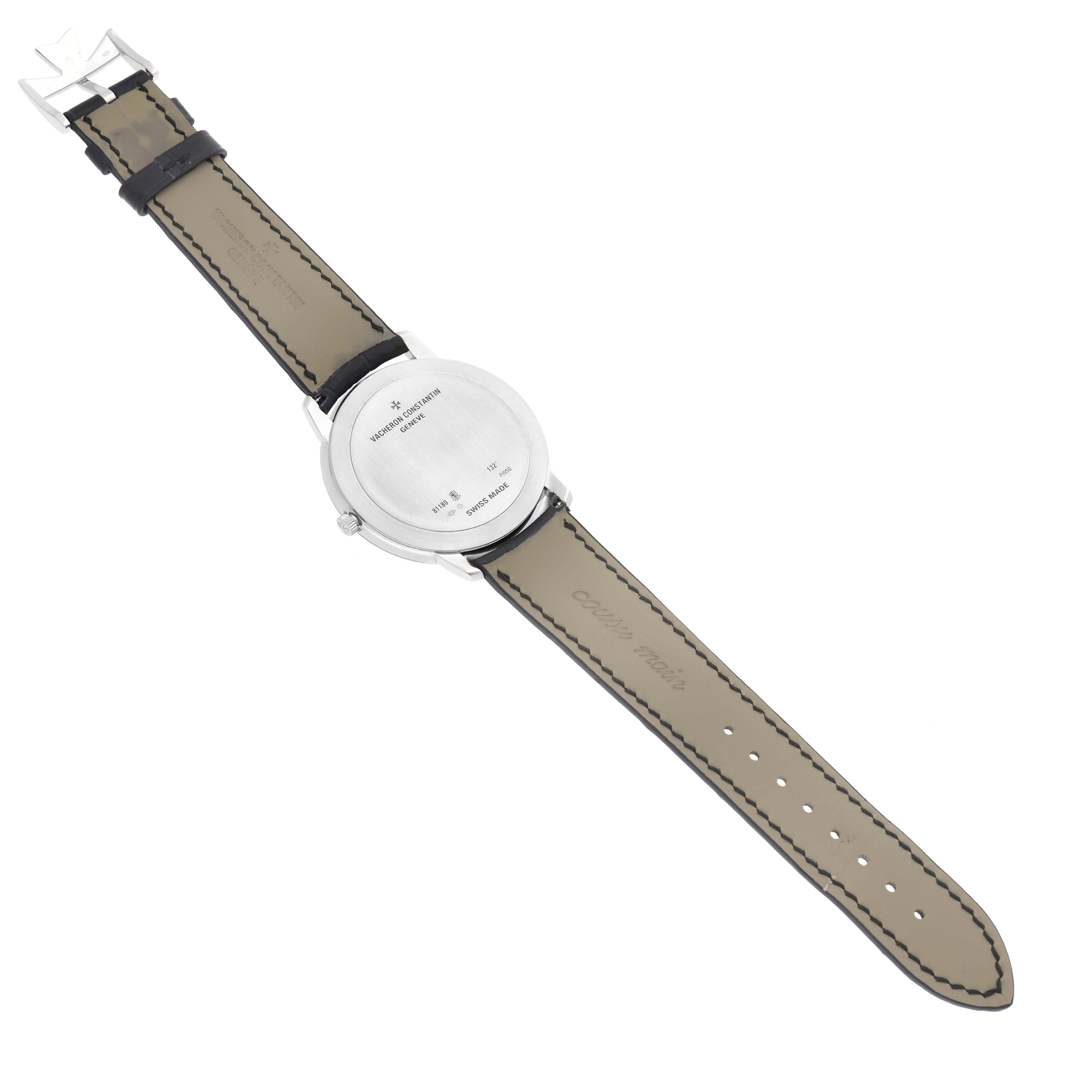 The image shows the case back and strap of the Patrimony model by Vacheron Constantin.