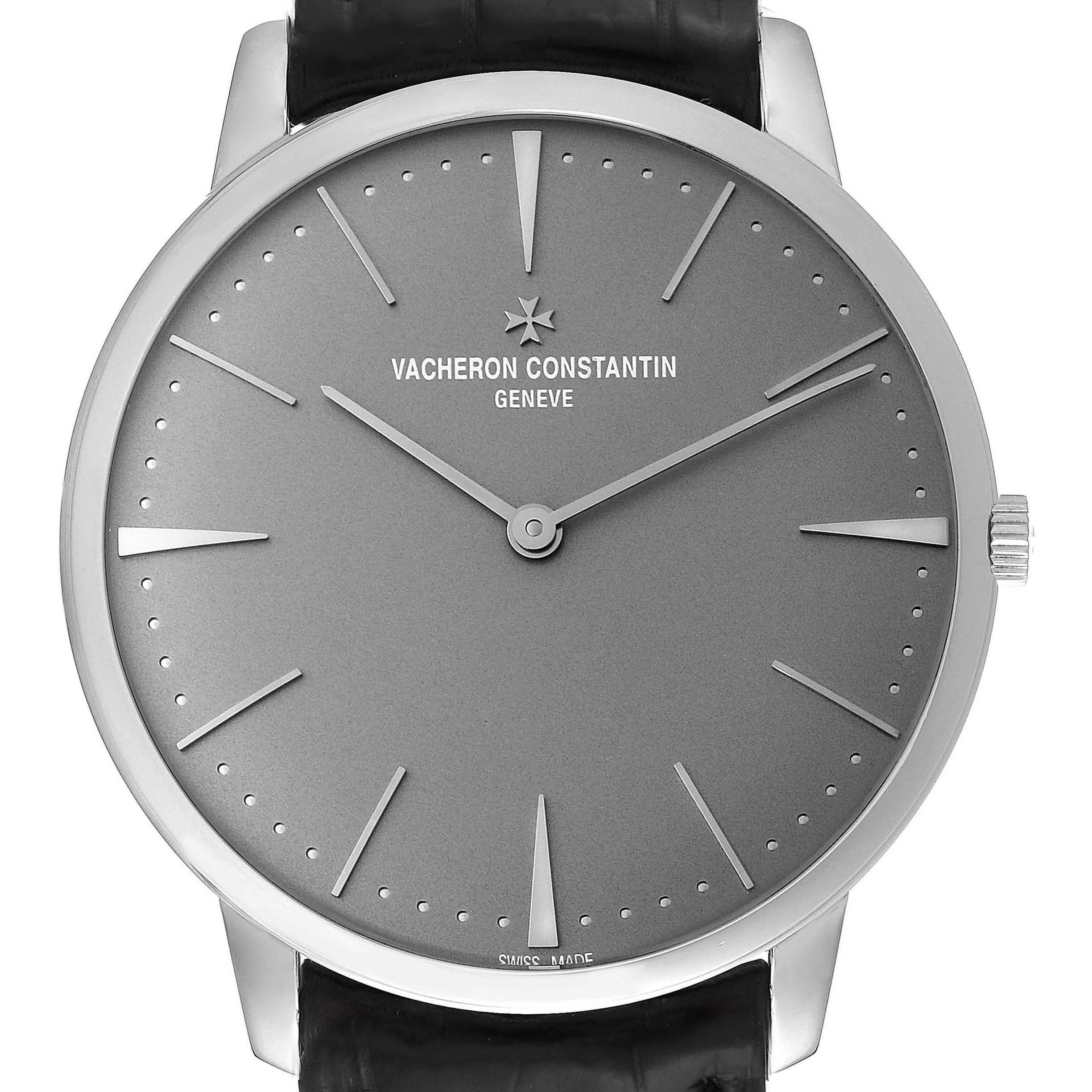 The image shows a front view of the Vacheron Constantin Patrimony 81180/000P-9539 Men's Platinum Grey Dial 81180/000P-9539 Men's Platinum Grey Dial watch, highlighting its dial and hands.