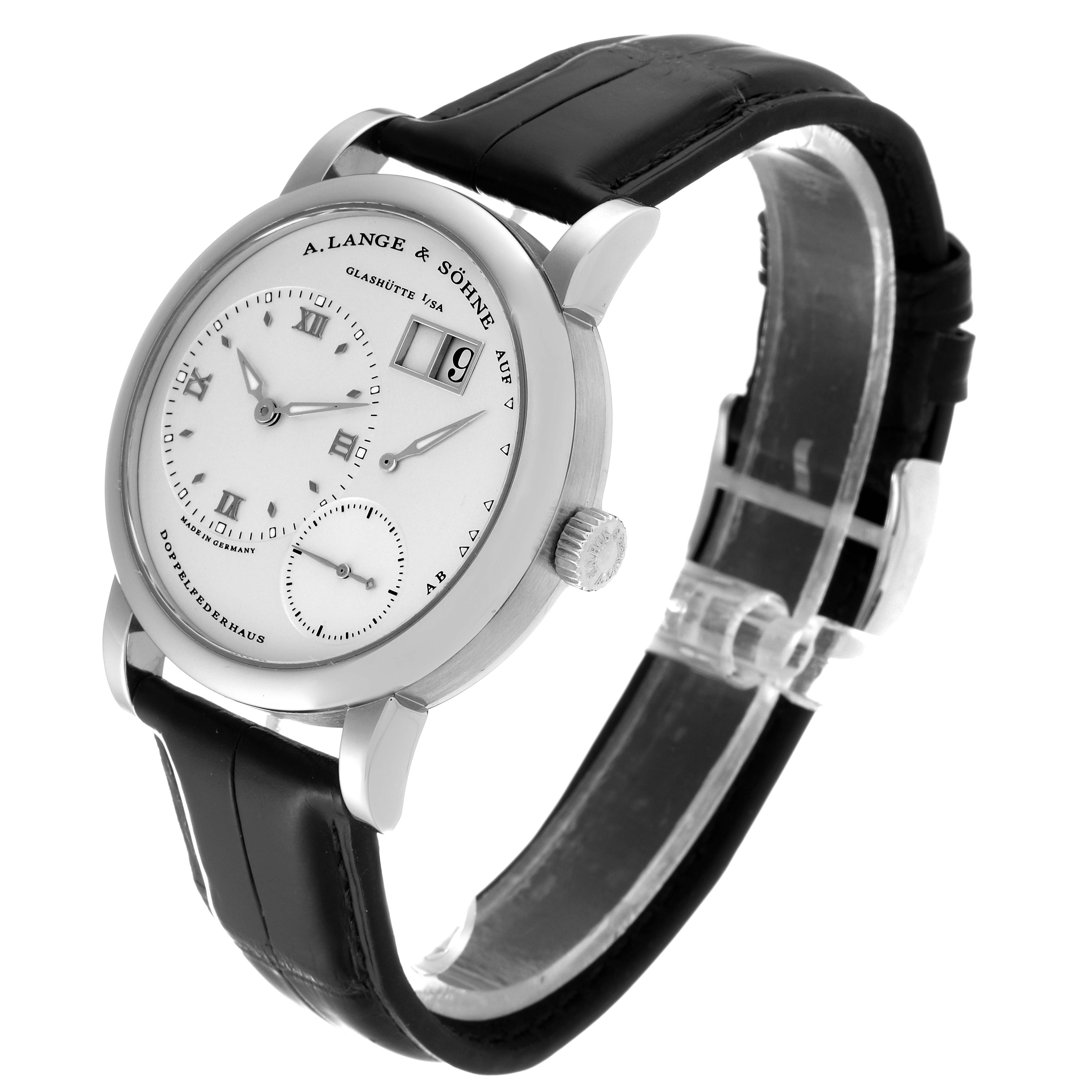 The A. Lange & Sohne Lange 1 101.039 Men's White Gold Silver Dial watch is shown from an angled front-left view, displaying the dial, case, crown, and leather strap.