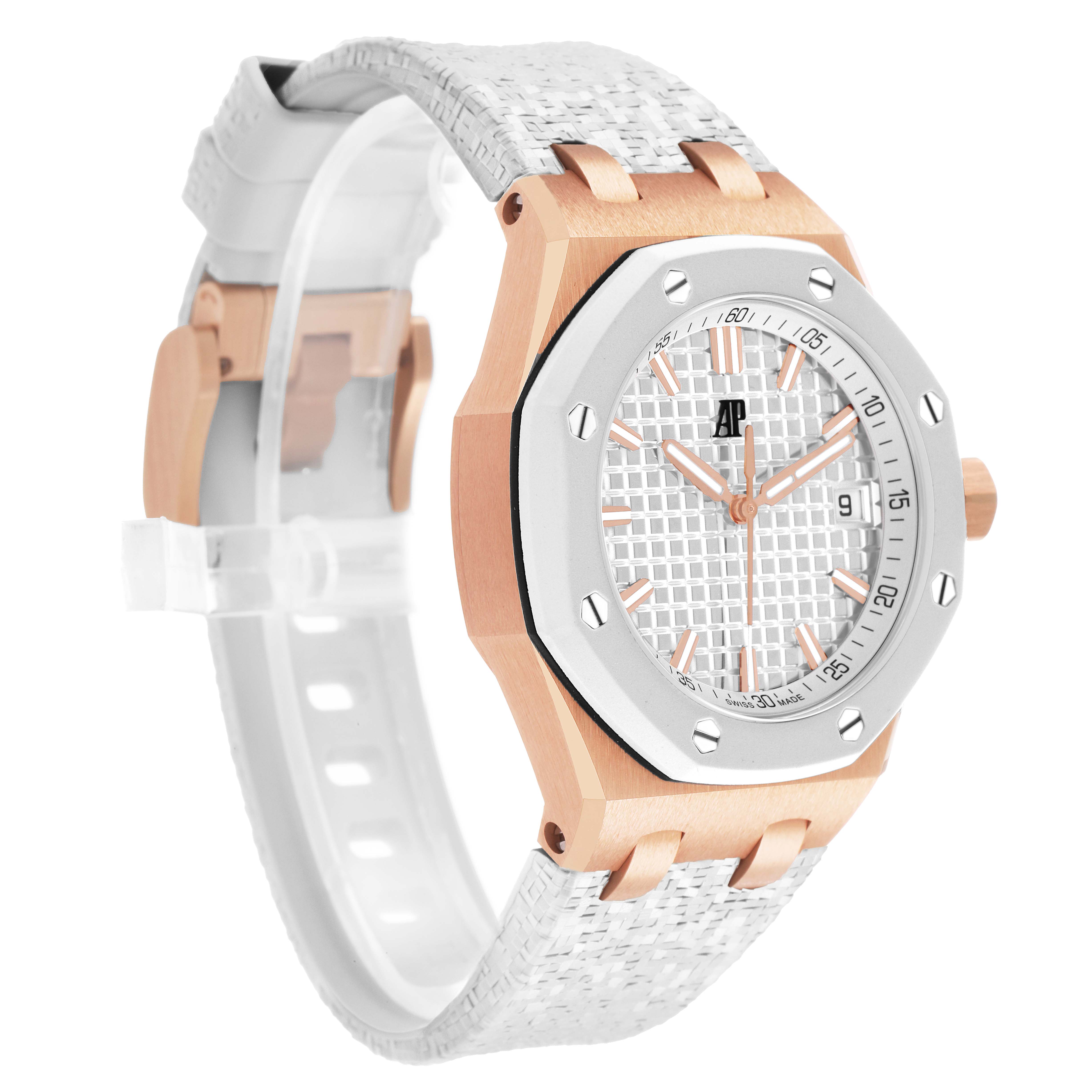 The image shows a side angle of the Audemars Piguet Royal Oak Offshore 77605OK.OO.A101CA.01 Women's Rose Gold White Dial, highlighting its face, bezel, and strap.
